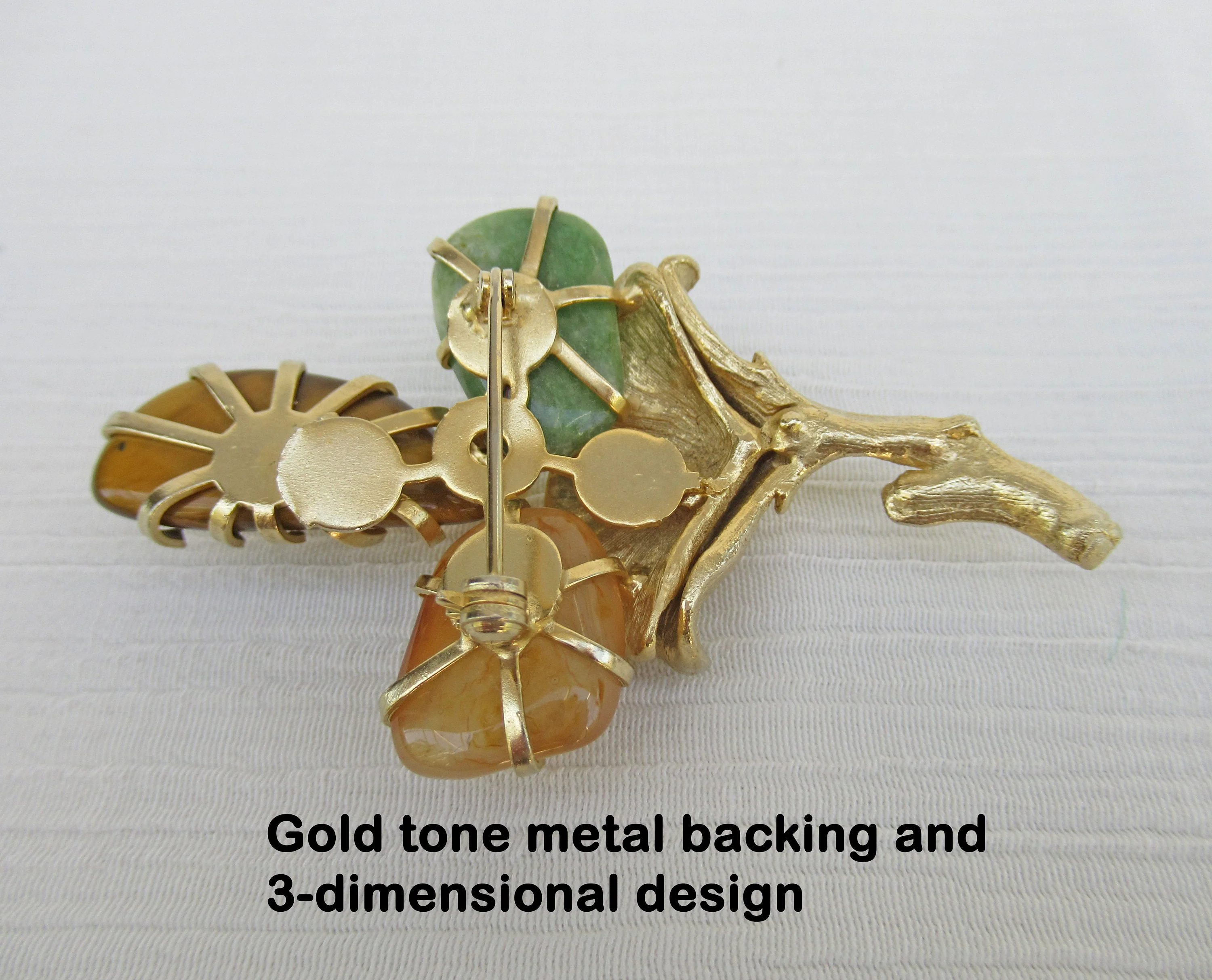 Floral Brooch On Gold Tone Metal Stem Faux White Pearl 2 Colors of Natural Agate and Tiger Eye Prong Set Beads - Image 5