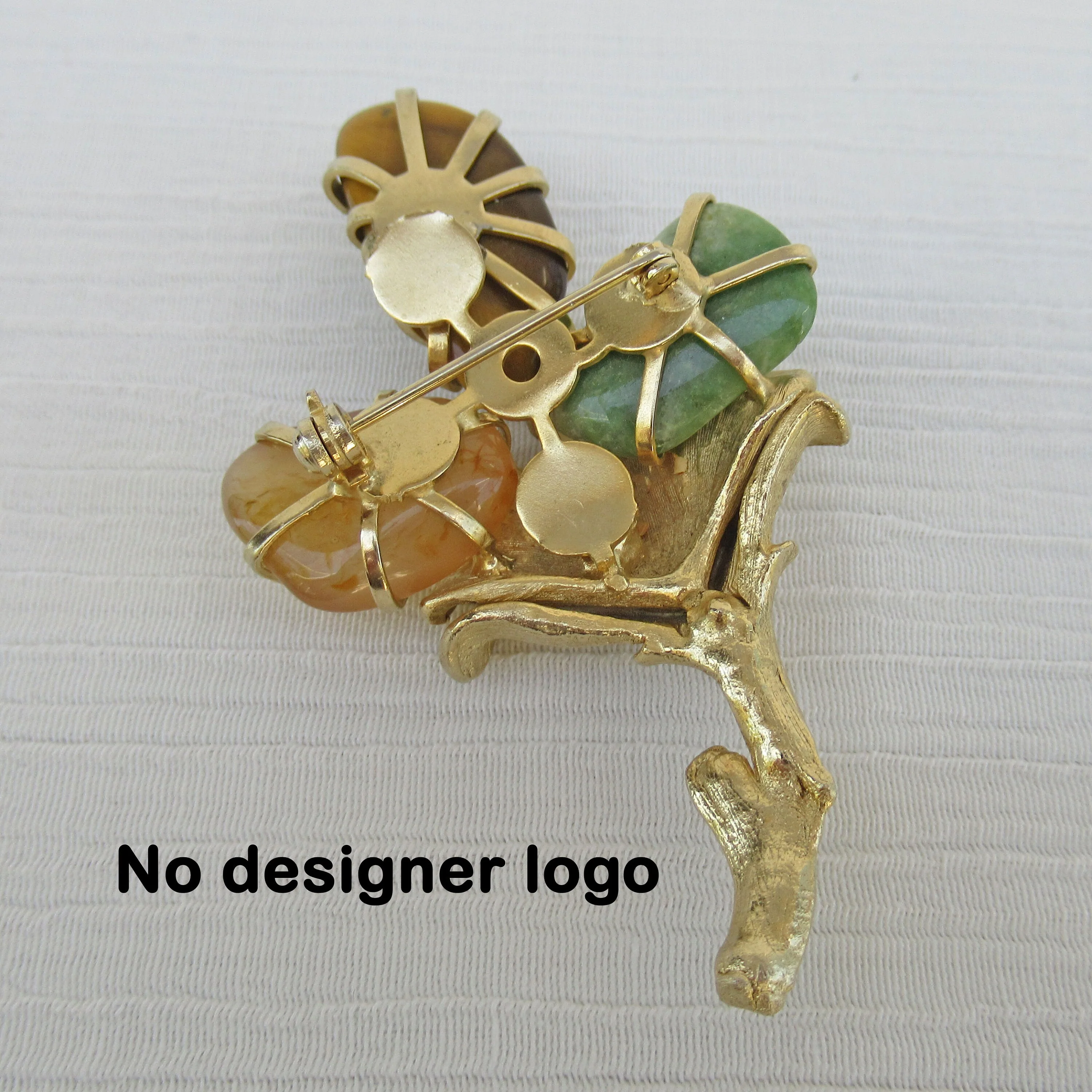 Floral Brooch On Gold Tone Metal Stem Faux White Pearl 2 Colors of Natural Agate and Tiger Eye Prong Set Beads - Image 6