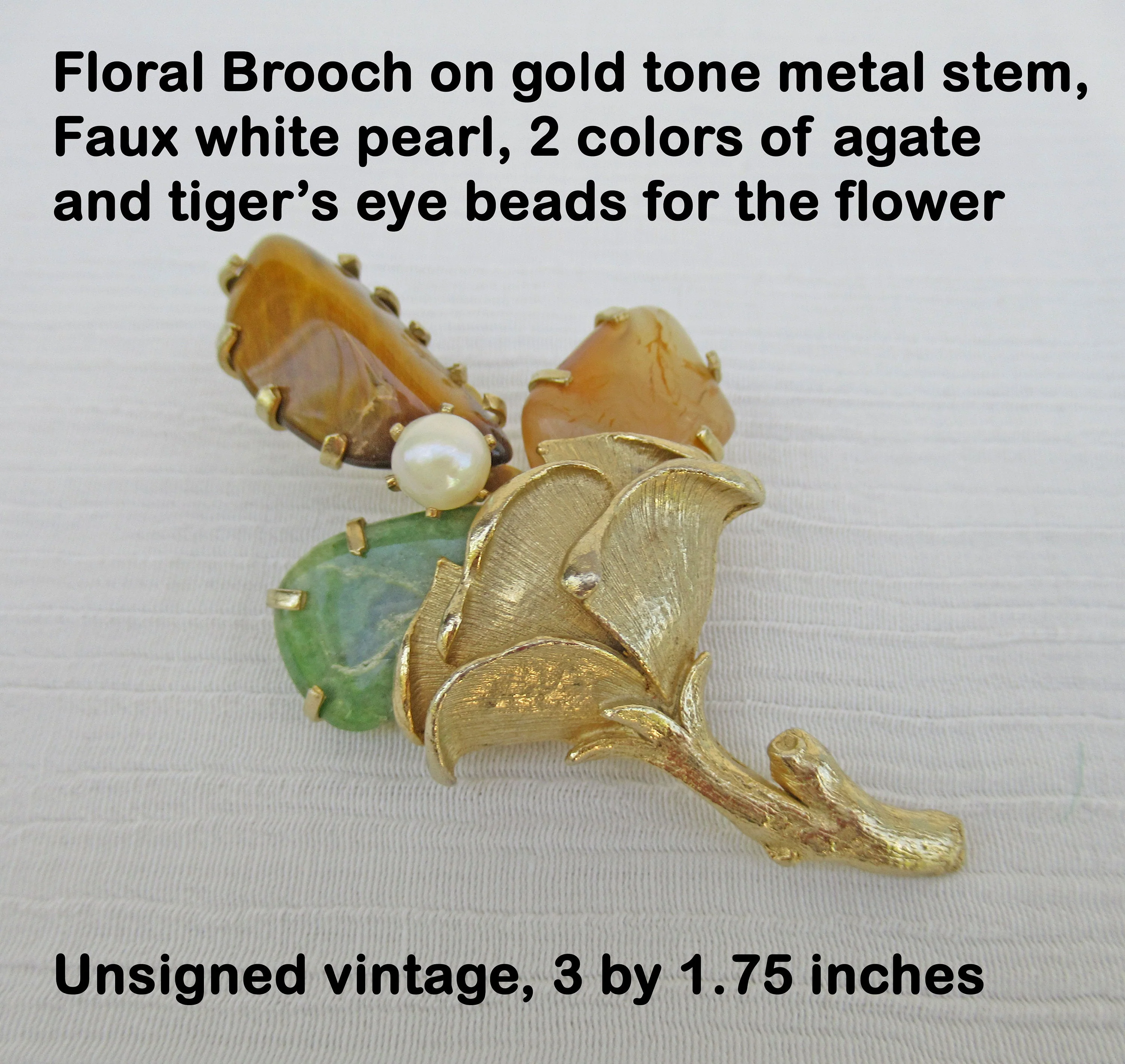 Floral Brooch On Gold Tone Metal Stem Faux White Pearl 2 Colors of Natural Agate and Tiger Eye Prong Set Beads - Image 7