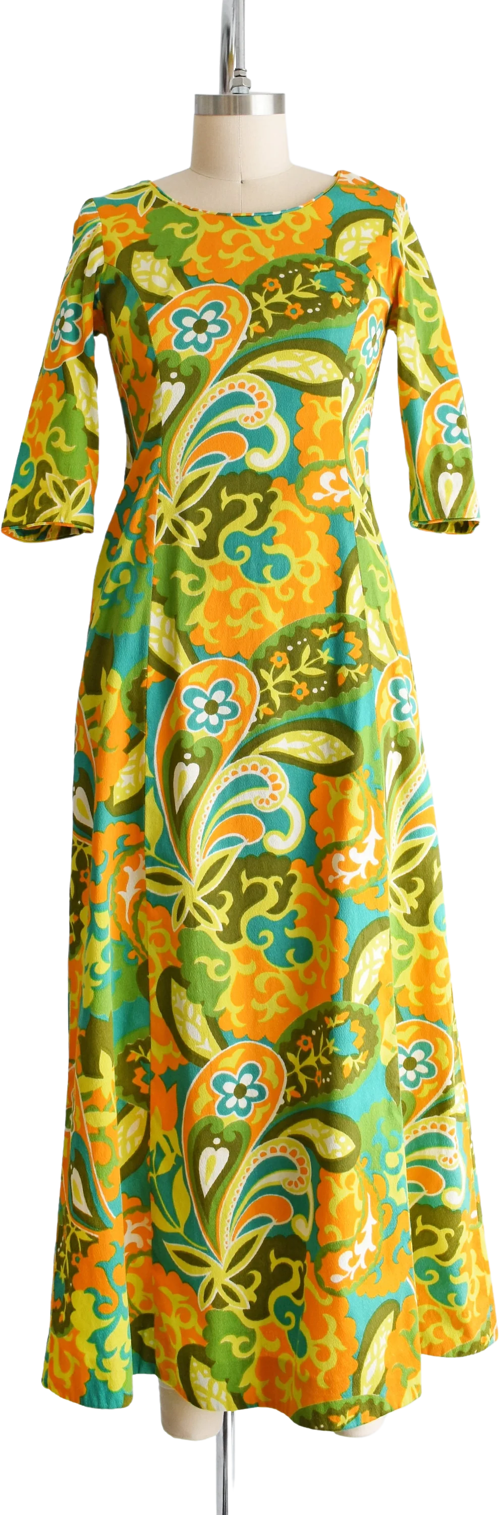 Floral Hawaiian Dress Vintage 60s Maxi Dress 70s Orange and Green Cotton Barkcloth Dress, Extra Small by Kaikamahine Honolulu
