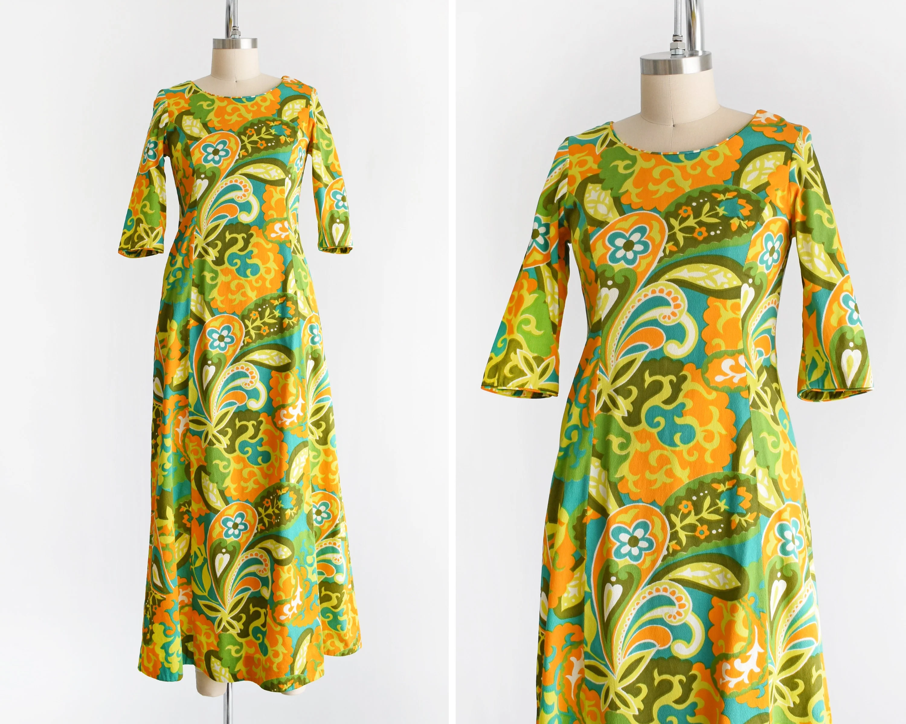 Floral Hawaiian Dress Vintage 60s Maxi Dress 70s Orange and Green Cotton Barkcloth Dress, Extra Small by Kaikamahine Honolulu - Image 2