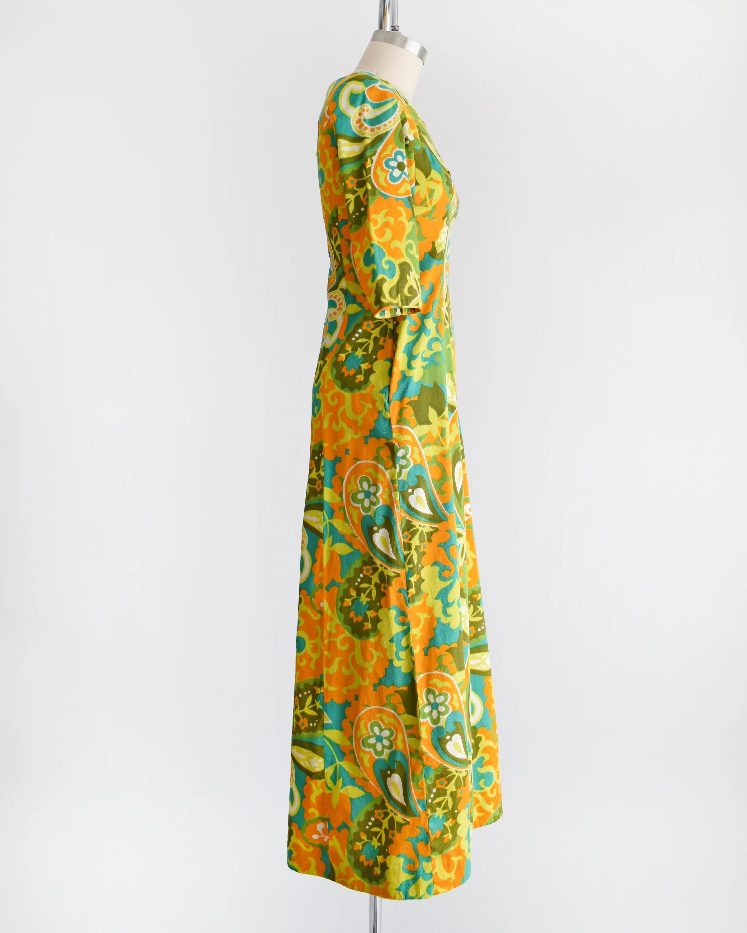 Floral Hawaiian Dress Vintage 60s Maxi Dress 70s Orange and Green Cotton Barkcloth Dress, Extra Small by Kaikamahine Honolulu - Image 3