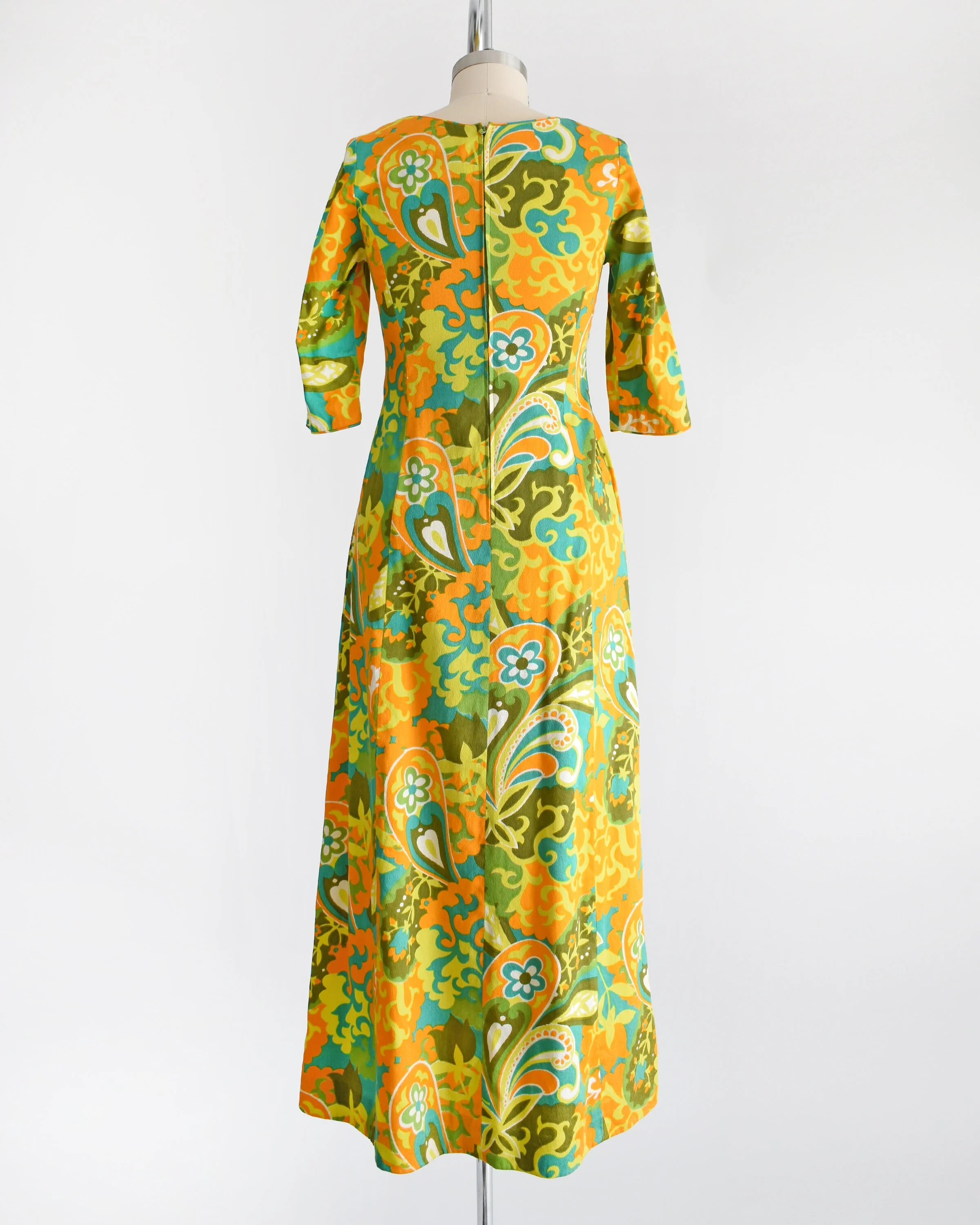 Floral Hawaiian Dress Vintage 60s Maxi Dress 70s Orange and Green Cotton Barkcloth Dress, Extra Small by Kaikamahine Honolulu - Image 4