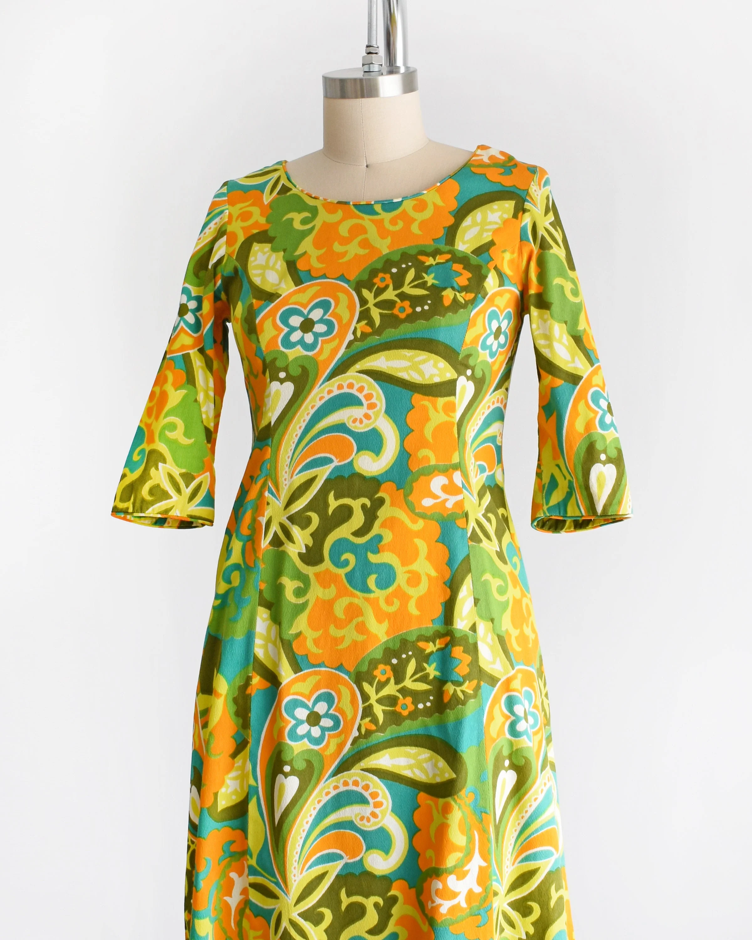 Floral Hawaiian Dress Vintage 60s Maxi Dress 70s Orange and Green Cotton Barkcloth Dress, Extra Small by Kaikamahine Honolulu - Image 5