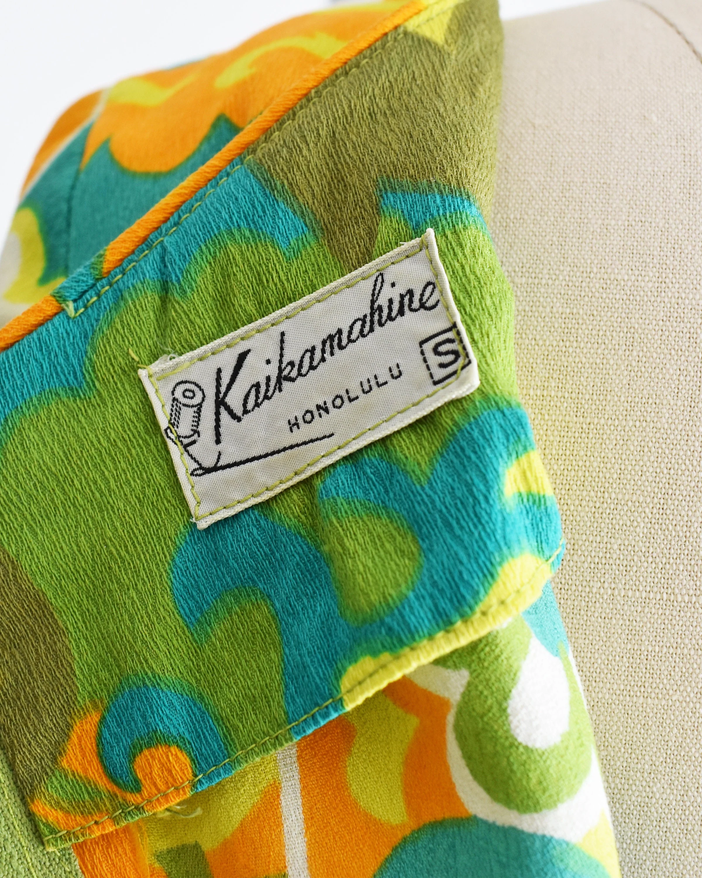 Floral Hawaiian Dress Vintage 60s Maxi Dress 70s Orange and Green Cotton Barkcloth Dress, Extra Small by Kaikamahine Honolulu - Image 6