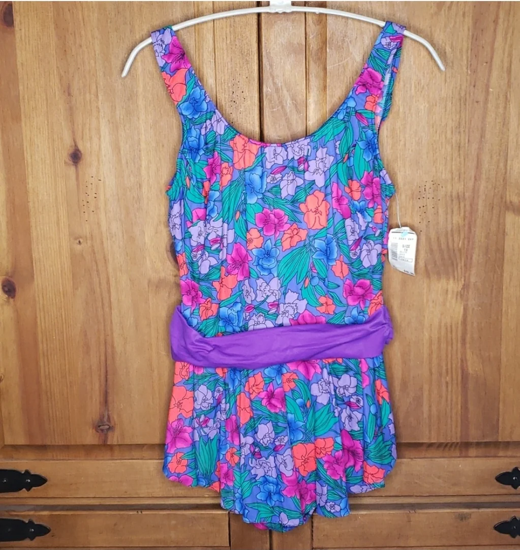 Floral Swimsuit Swim Dress With Sash By Maxine of Hollywood - Image 3