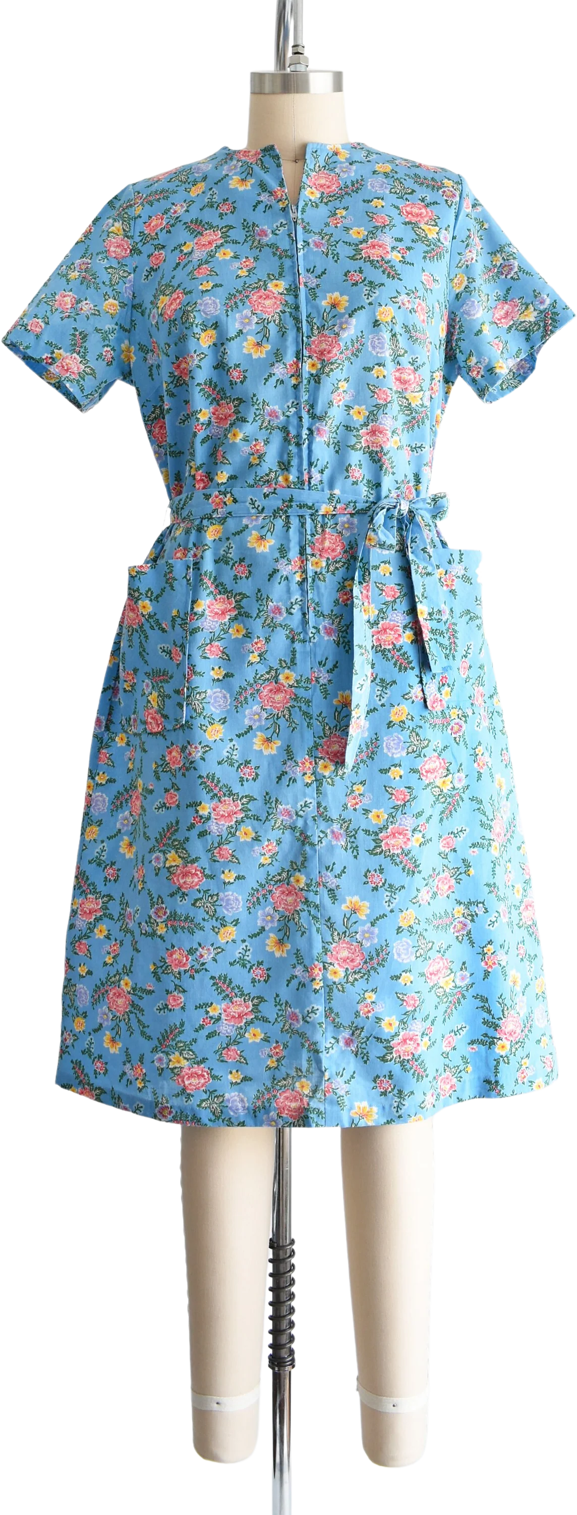 Floral Zip Front Dress Vintage 70s Dress, Blue and Pink Floral Print 70s House Dress, Large