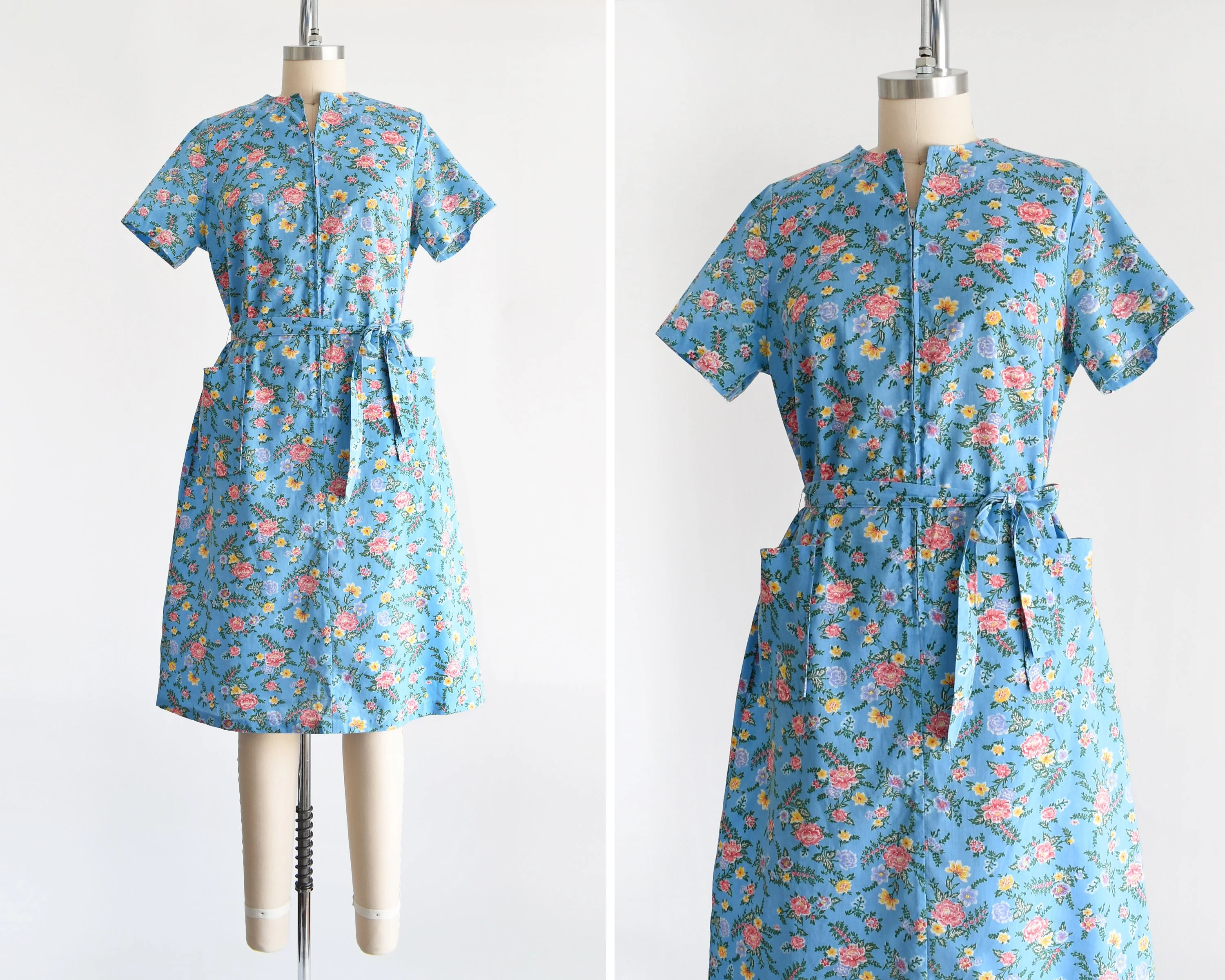 Floral Zip Front Dress Vintage 70s Dress, Blue and Pink Floral Print 70s House Dress, Large - Image 2