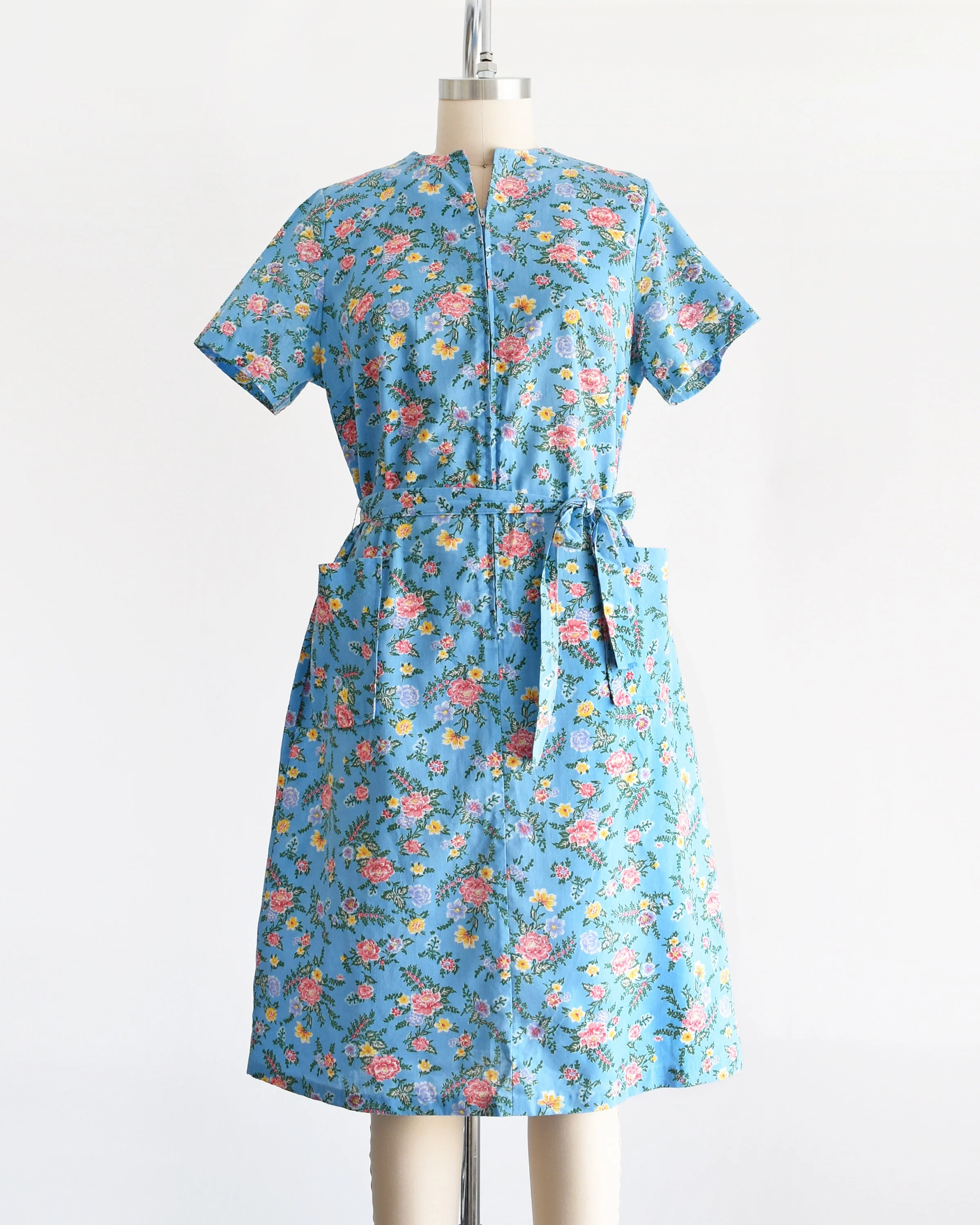 Floral Zip Front Dress Vintage 70s Dress, Blue and Pink Floral Print 70s House Dress, Large - Image 3