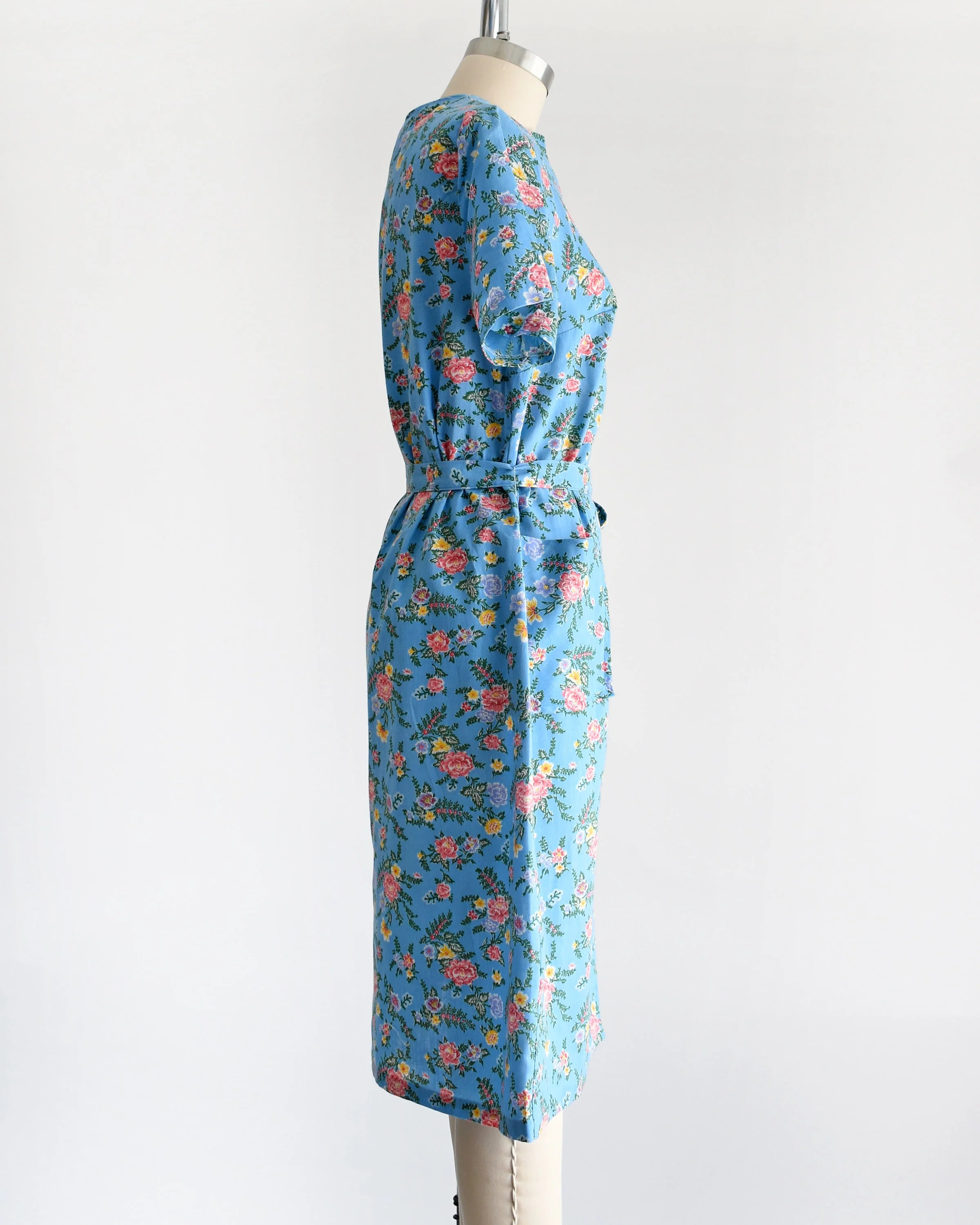 Floral Zip Front Dress Vintage 70s Dress, Blue and Pink Floral Print 70s House Dress, Large - Image 4