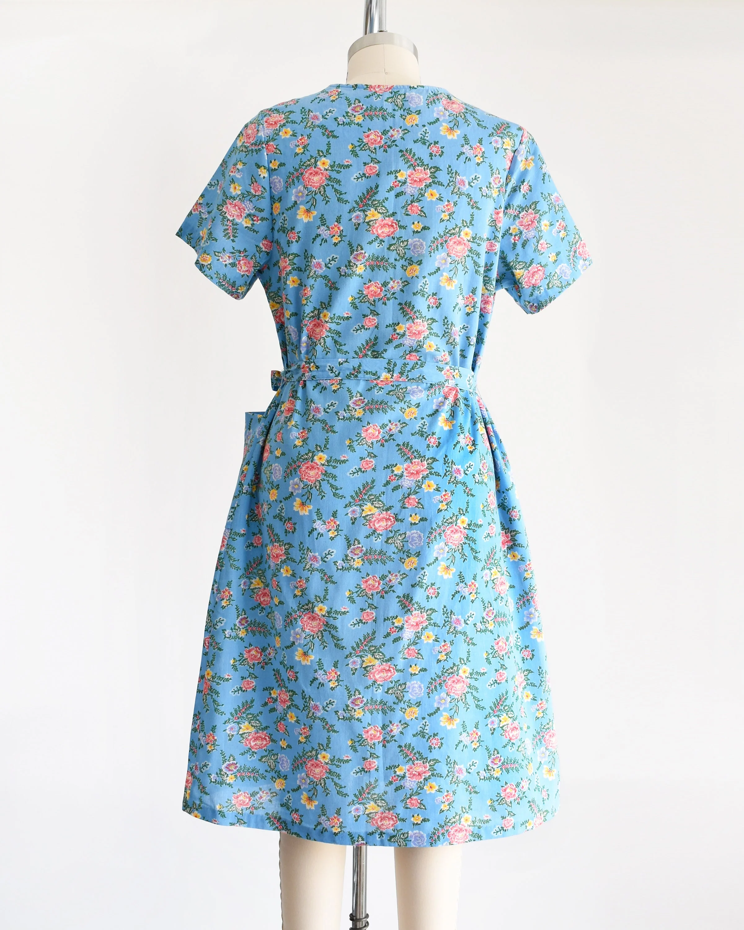 Floral Zip Front Dress Vintage 70s Dress, Blue and Pink Floral Print 70s House Dress, Large - Image 5