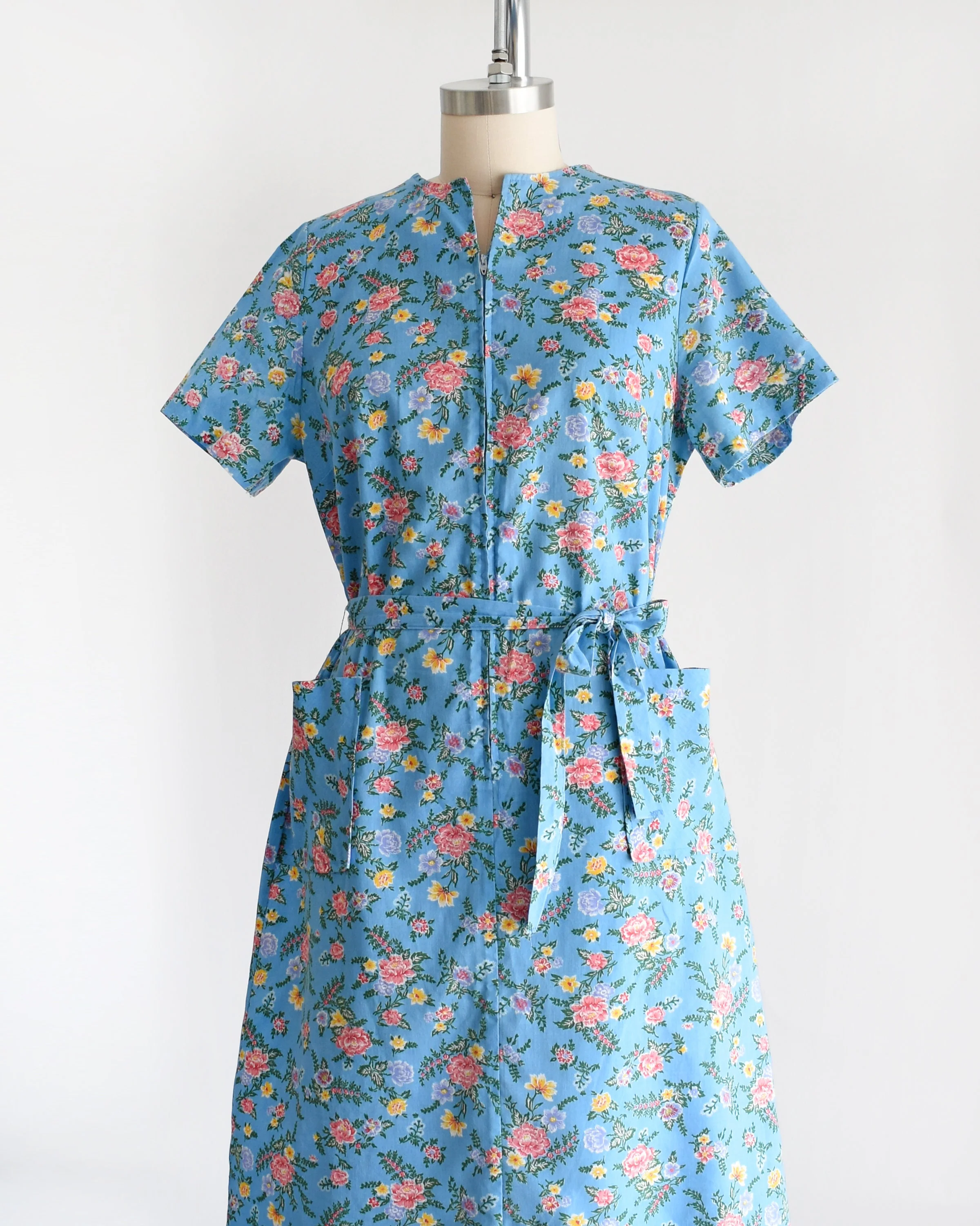 Floral Zip Front Dress Vintage 70s Dress, Blue and Pink Floral Print 70s House Dress, Large - Image 6