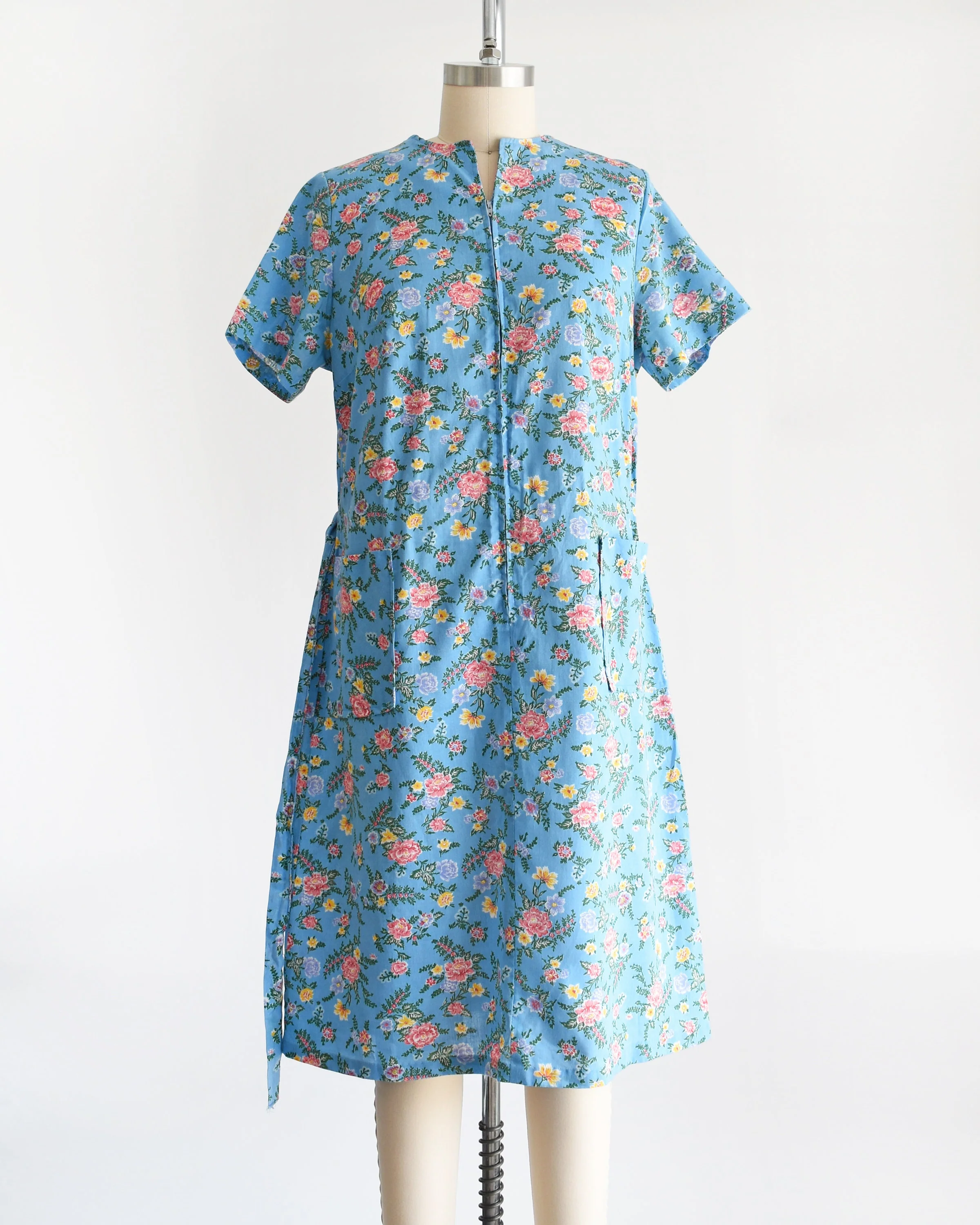 Floral Zip Front Dress Vintage 70s Dress, Blue and Pink Floral Print 70s House Dress, Large - Image 7