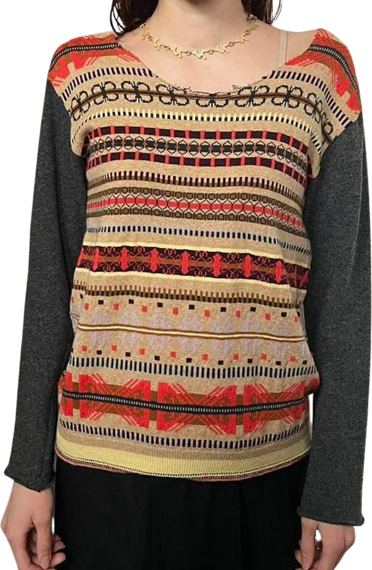 Folkloric Pattern Switching Gray Sleeves W Silver Shoulder Panels Sweater by Nozomi Ishiguro