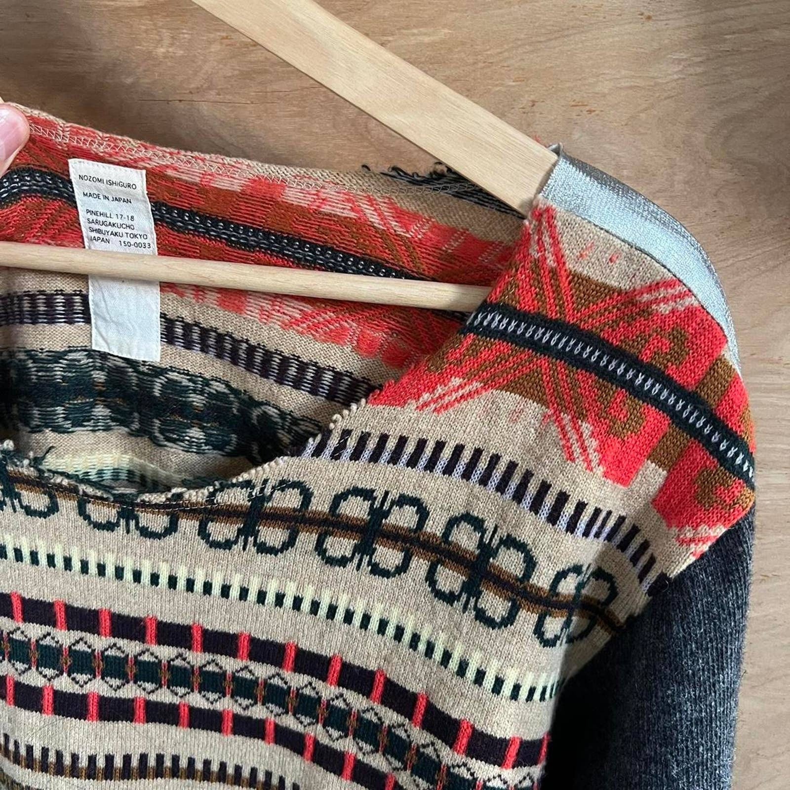Folkloric Pattern Switching Gray Sleeves W Silver Shoulder Panels Sweater by Nozomi Ishiguro - Image 3