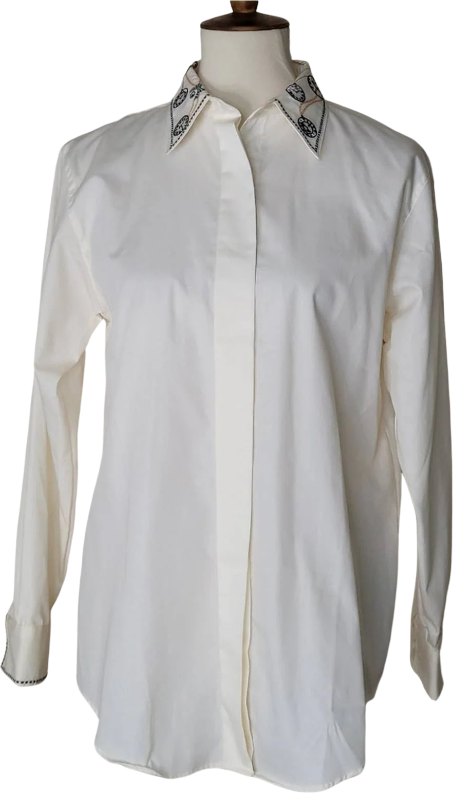 Foxcroft Vintage Pale Yellow Button Down Long Sleeved Shirt with Embroidered Collar by Foxcroft