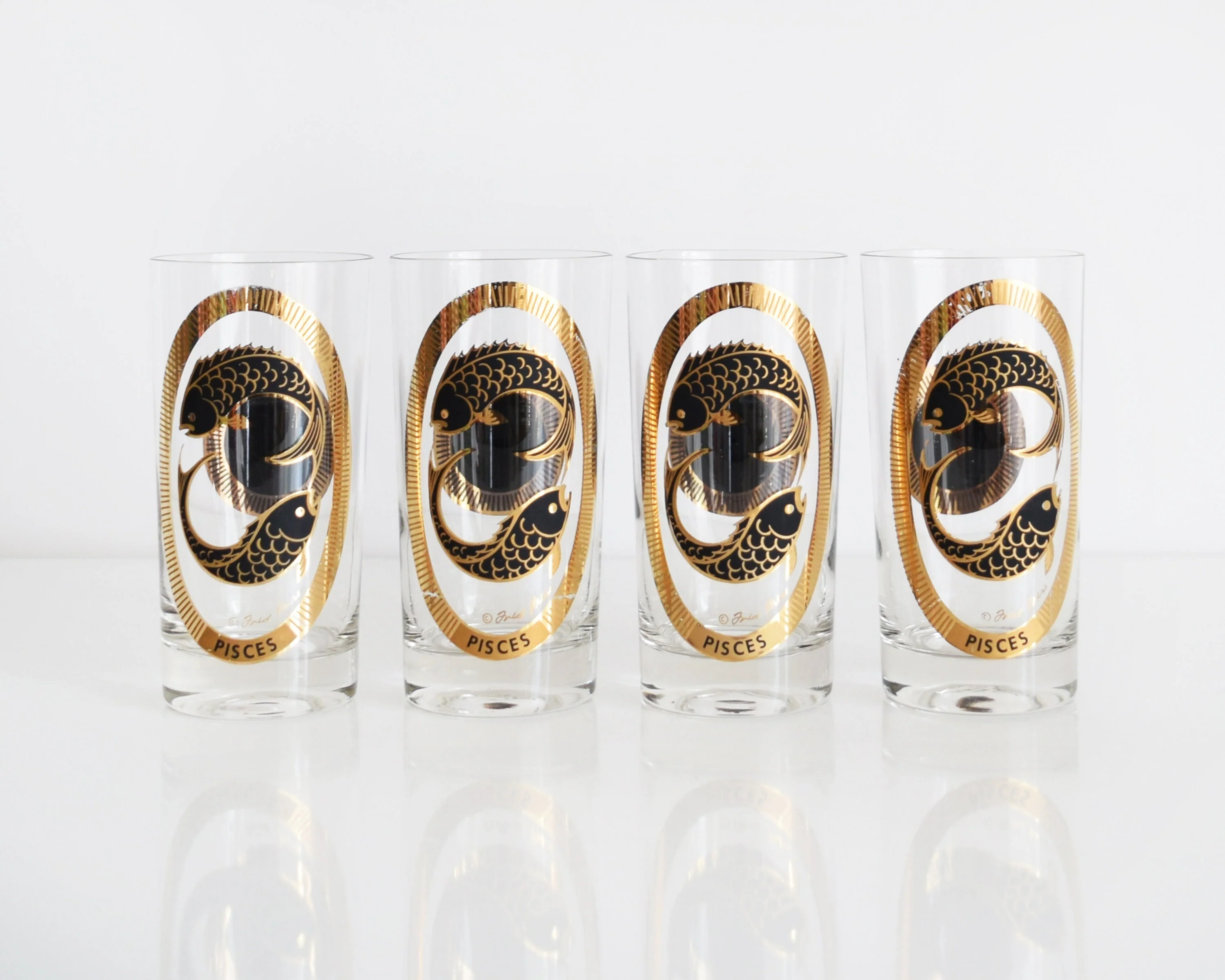 Fred Press Pisces Glasses Vintage Zodiac Glassware, Mid Century Black and Gold Astrology Barware, 12oz - Image 2