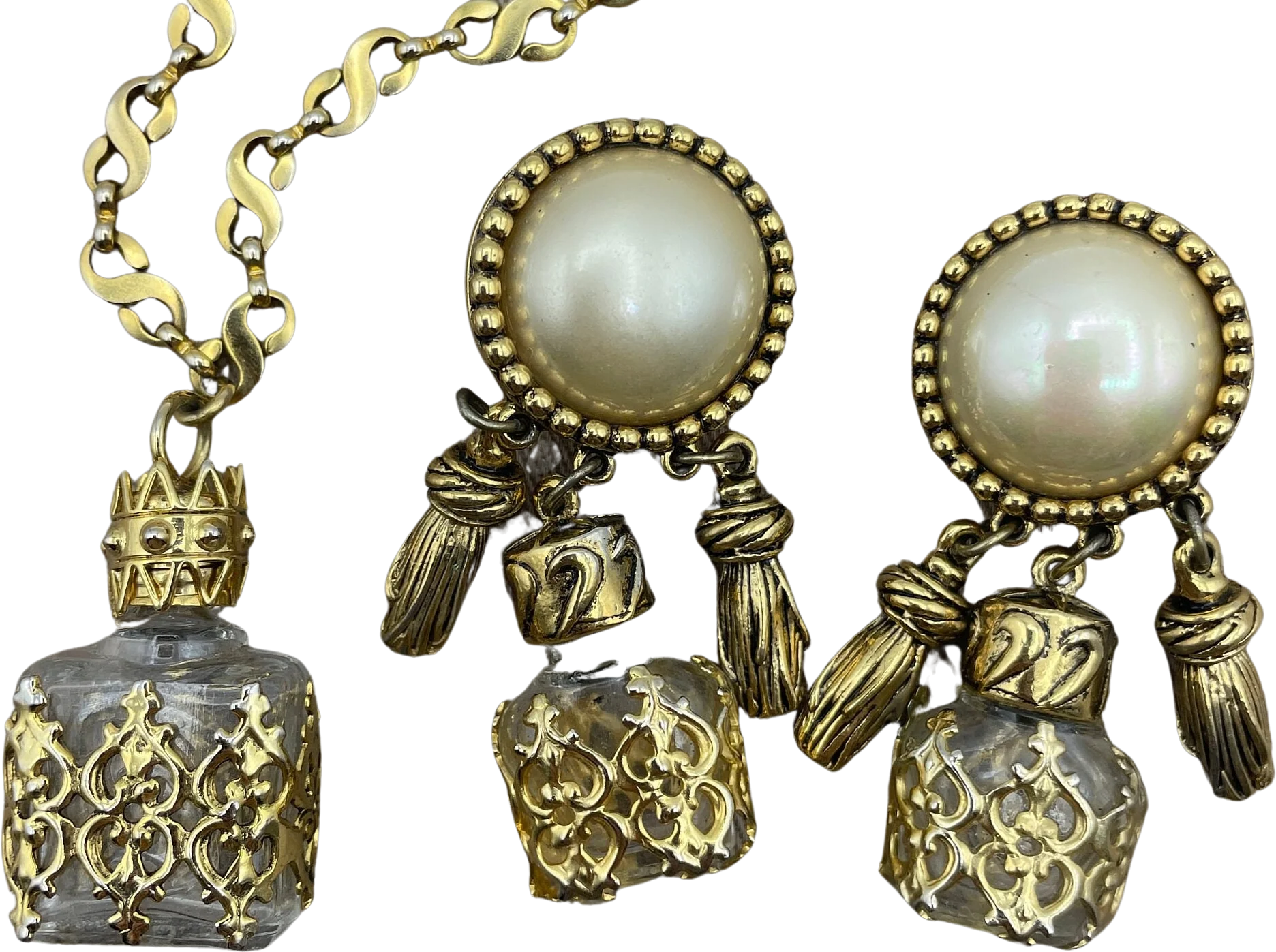 French Glass Bottle Statement Earrings and Necklace Signed Jewelry Set Gold Tassels Made In France by Carolee