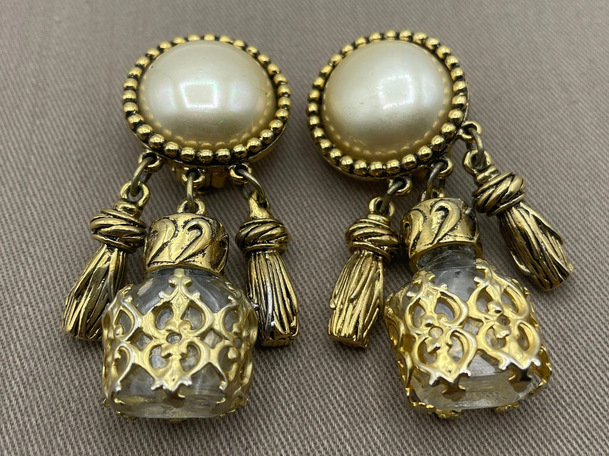 French Glass Bottle Statement Earrings and Necklace Signed Jewelry Set Gold Tassels Made In France by Carolee - Image 2