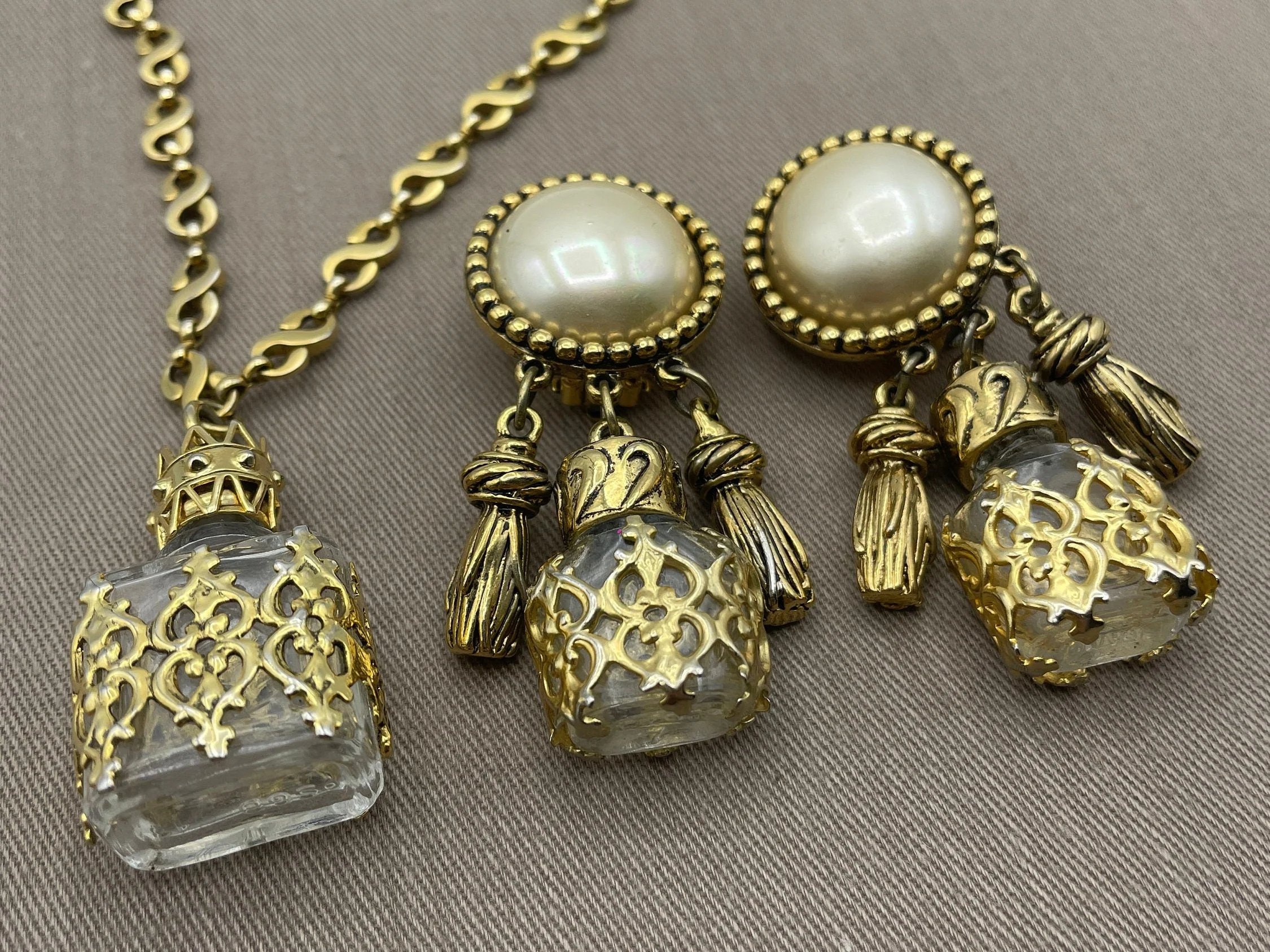 French Glass Bottle Statement Earrings and Necklace Signed Jewelry Set Gold Tassels Made In France by Carolee - Image 3