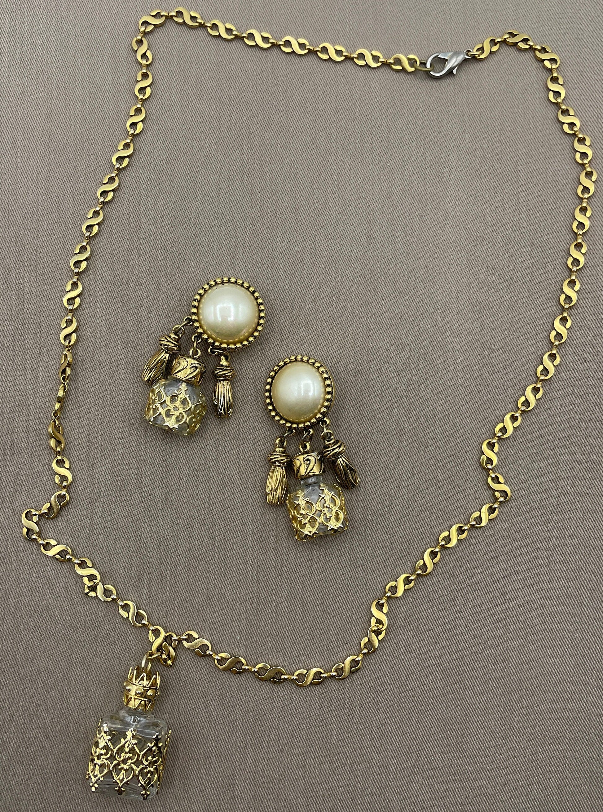 French Glass Bottle Statement Earrings and Necklace Signed Jewelry Set Gold Tassels Made In France by Carolee - Image 4