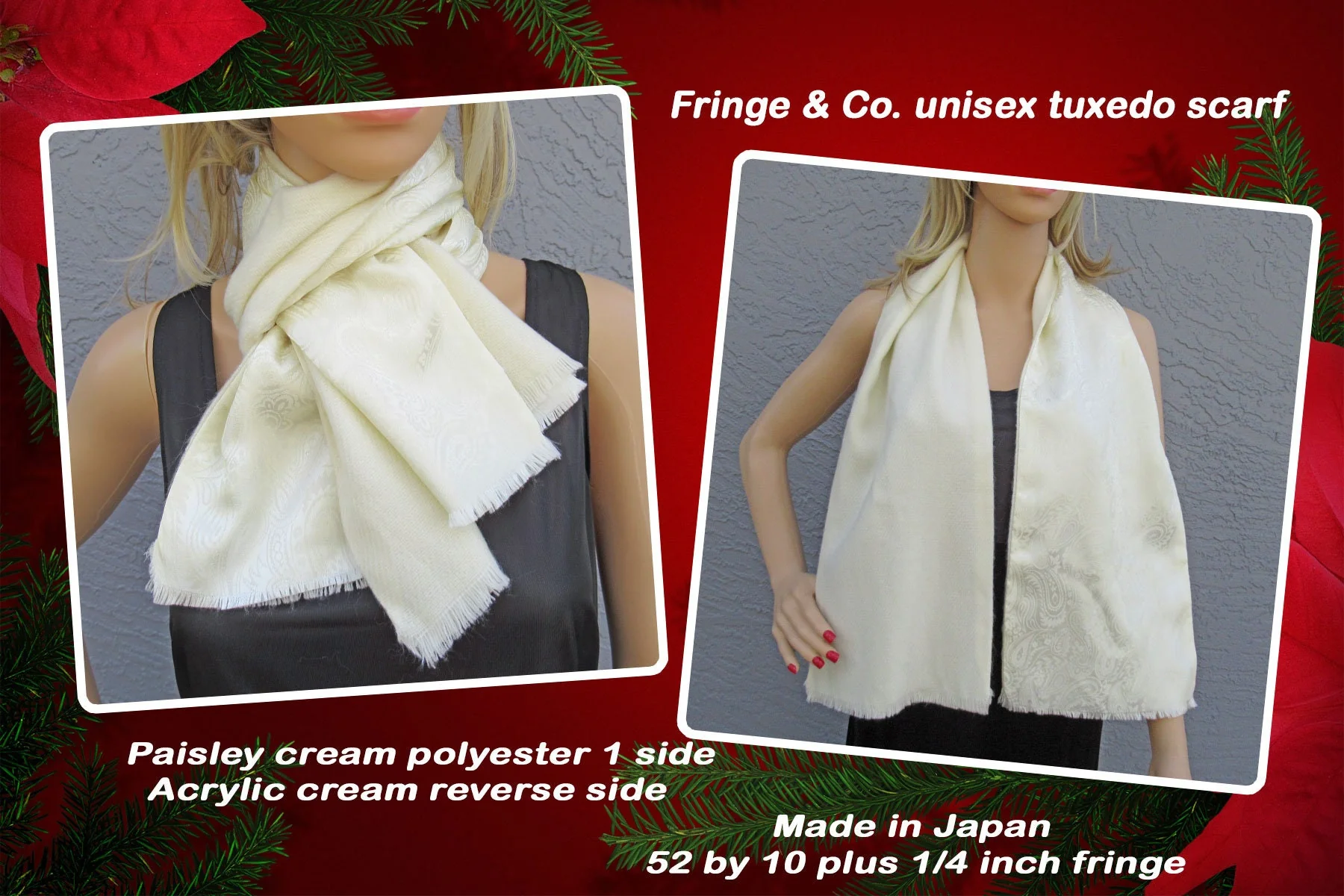 Fringe and Co Tuxedo Scarf Unisex Paisley Cream Polyester 1 Side Acrylic Reverse Side Vintage by Fringe & Co - Image 3