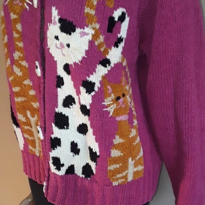 90's Fuchsia Pink Cat Knit Cardigan by Bellepointe - Image 3
