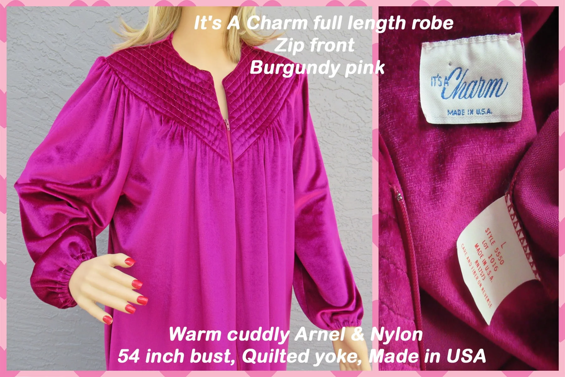 Full Length Robe It's a Charm Zip Front Burgundy Pink Warm Cuddly Arnel and Nylon Mix Fabric Quilted Yoke Vintage - Image 3