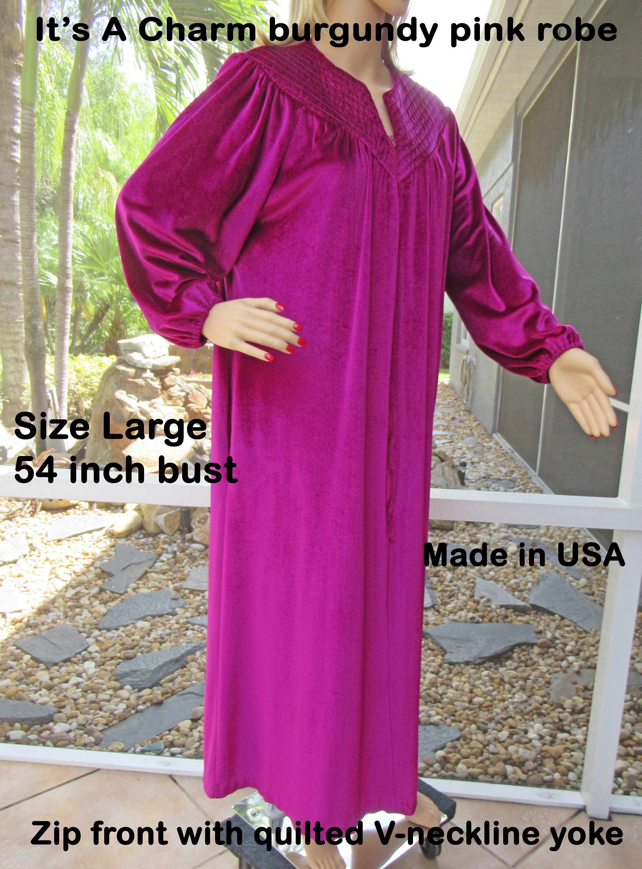 Full Length Robe It's a Charm Zip Front Burgundy Pink Warm Cuddly Arnel and Nylon Mix Fabric Quilted Yoke Vintage - Image 4