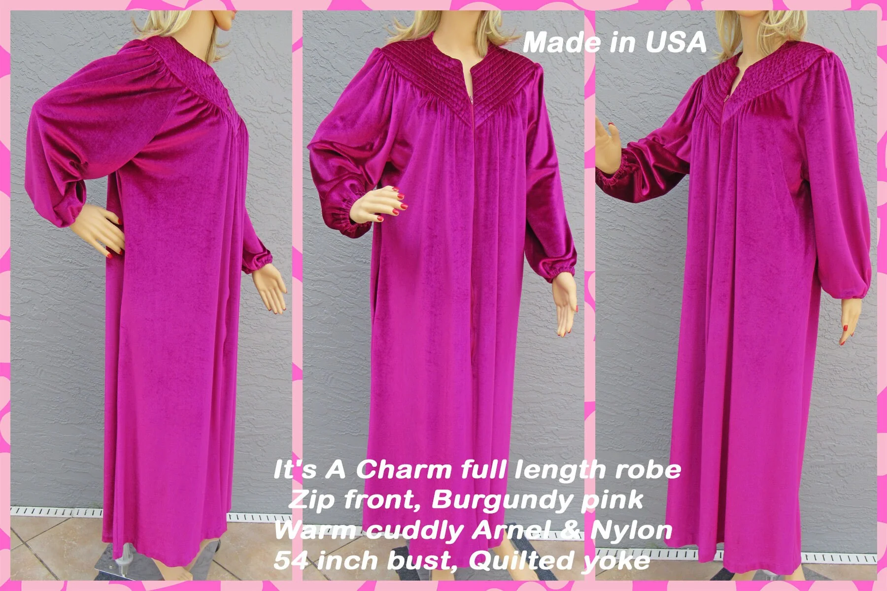 Full Length Robe It's a Charm Zip Front Burgundy Pink Warm Cuddly Arnel and Nylon Mix Fabric Quilted Yoke Vintage - Image 6