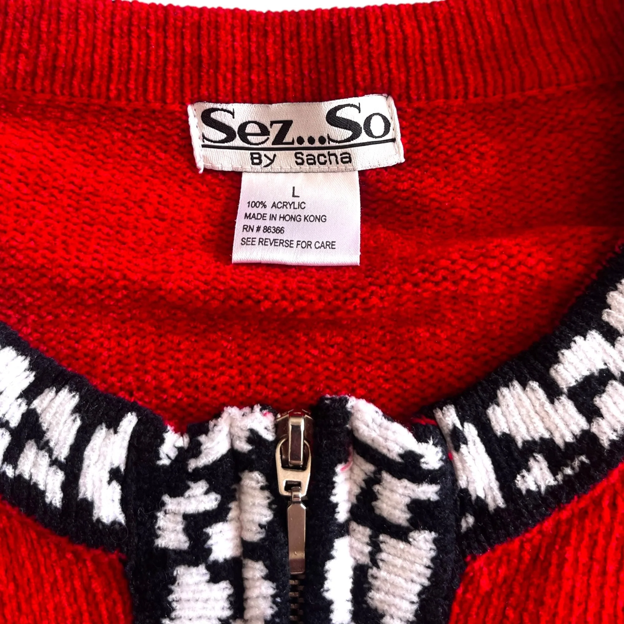 Fun Vintage Sez So by Sasha Zebra Cardigan Sweater 90s 00s Black White Red Chenille Appliquéd Jacket Zip Up Grandma Kitschy Animal Print by Sez So By Sacha - Image 3