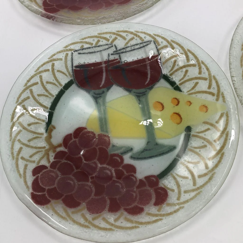 Fused Glass Red Wine Glass Grapes Cheese Appetizer Dessert Plates (6) by Peggy Karr - Image 3