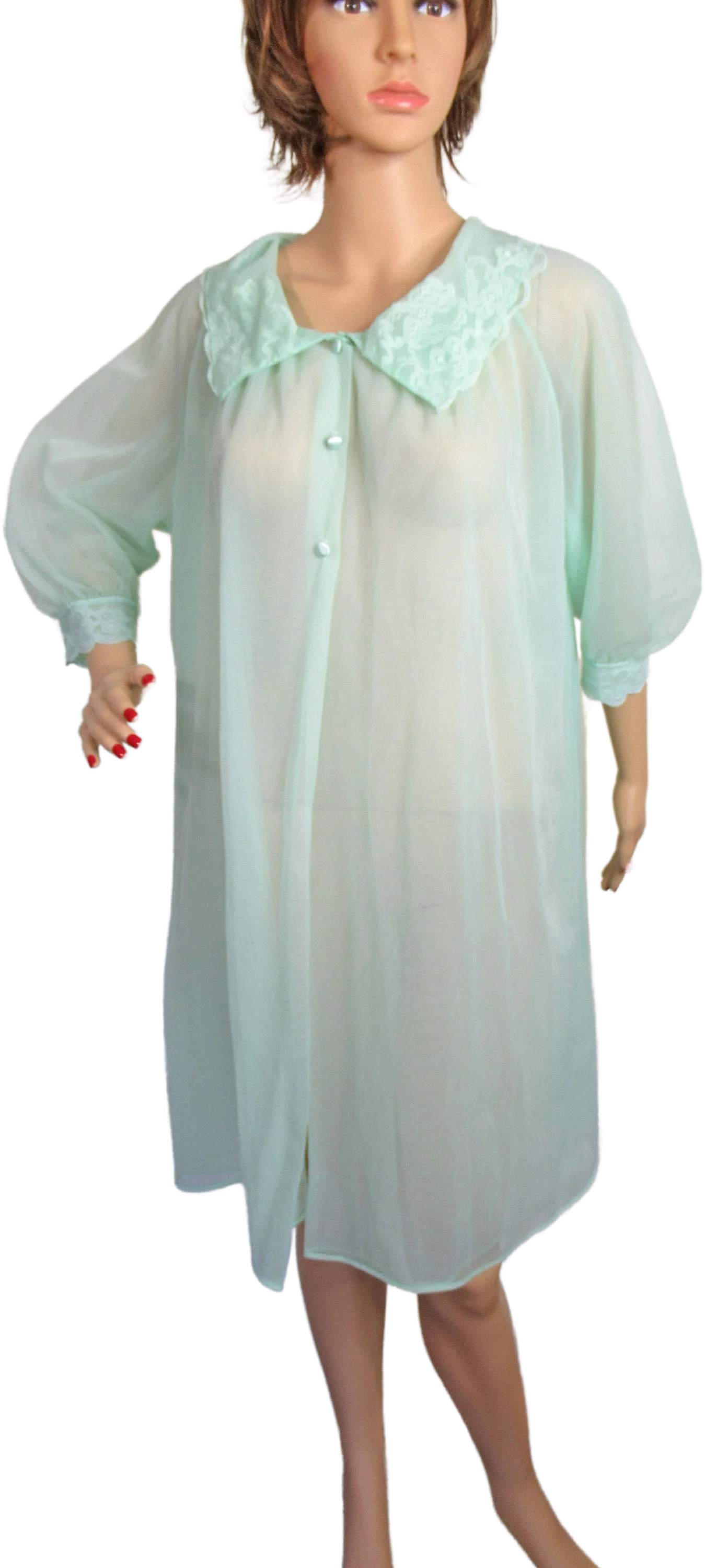 Gaymode Negligee Pastel Green Button Front 2layer Very Sheer Nylon Chiffon Peignoir Style Robe Knee Length Collar and Cuffs W Lace by Gaymode