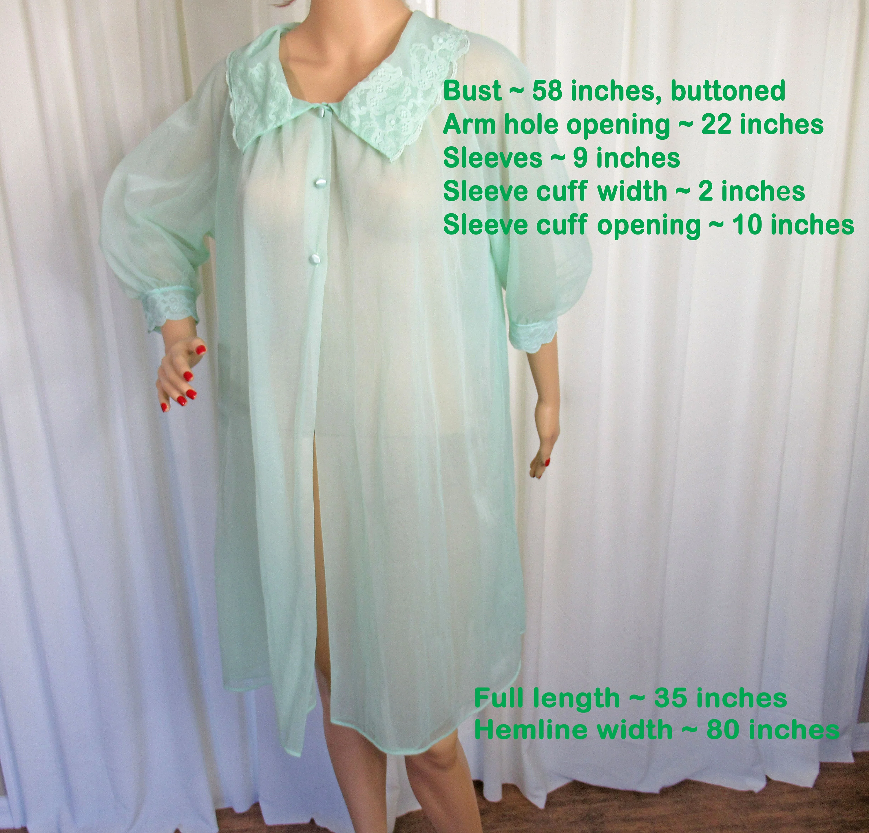 Gaymode Negligee Pastel Green Button Front 2layer Very Sheer Nylon Chiffon Peignoir Style Robe Knee Length Collar and Cuffs W Lace by Gaymode - Image 6