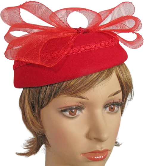 George W Bollman Hat Co. Pillbox Hat Doeskin 100% Wool Lipstick Red Felt Top Back 5 Wide Bow Red Braid and Sequins Vintage by George W Bollman