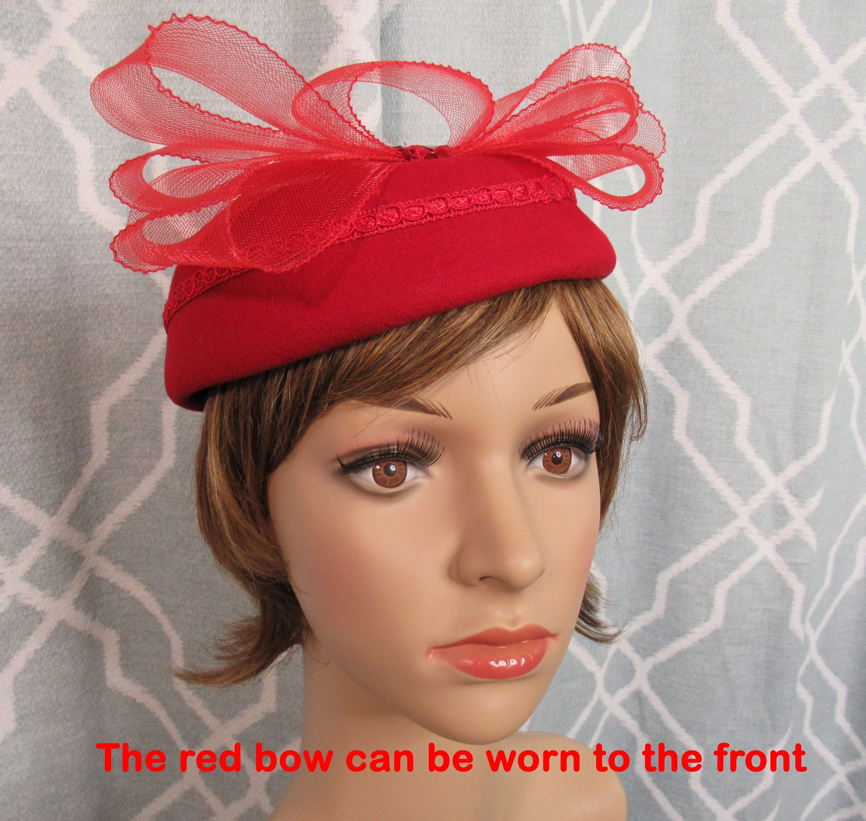 George W Bollman Hat Co. Pillbox Hat Doeskin 100% Wool Lipstick Red Felt Top Back 5 Wide Bow Red Braid and Sequins Vintage by George W Bollman - Image 2