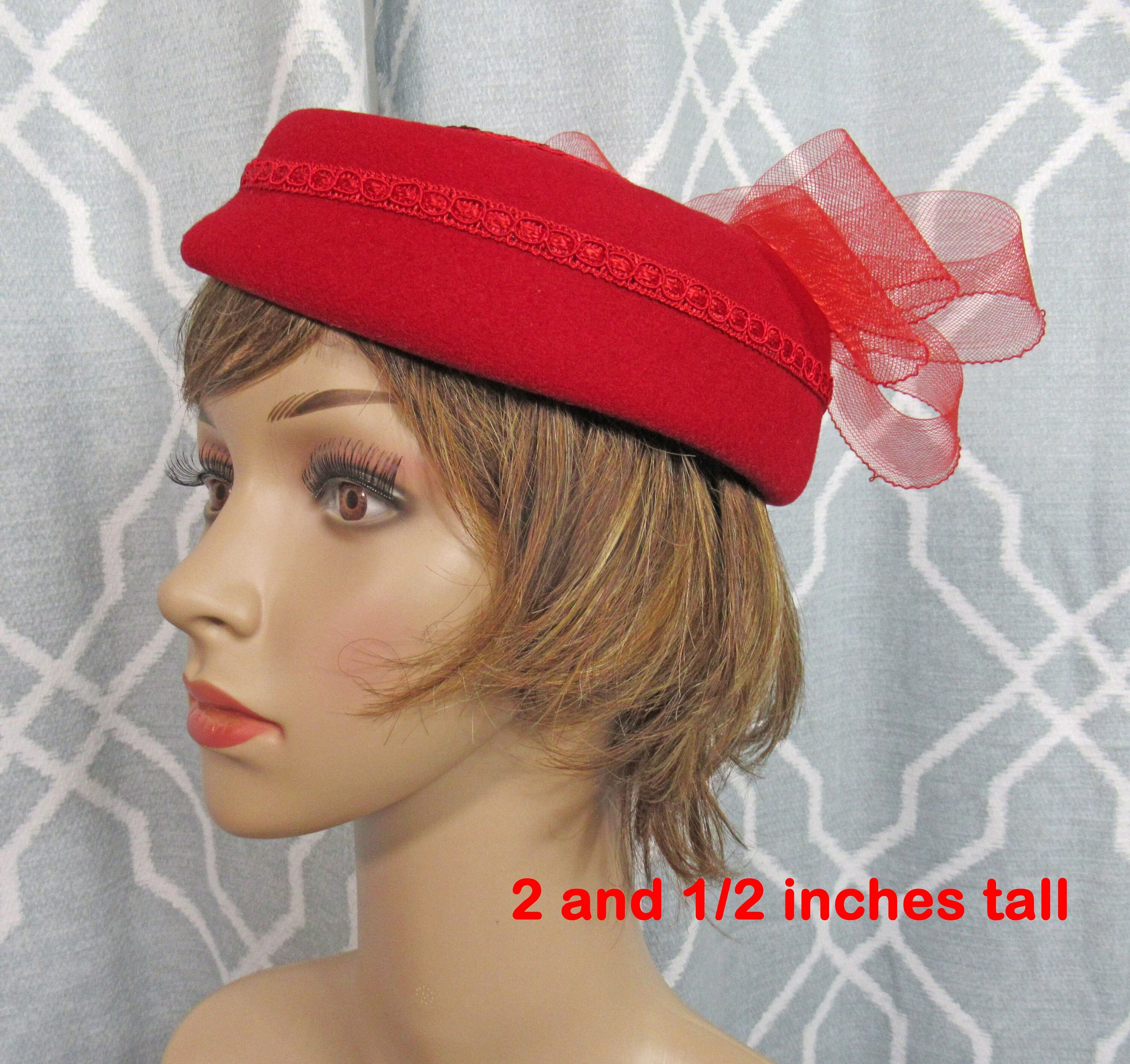 George W Bollman Hat Co. Pillbox Hat Doeskin 100% Wool Lipstick Red Felt Top Back 5 Wide Bow Red Braid and Sequins Vintage by George W Bollman - Image 4