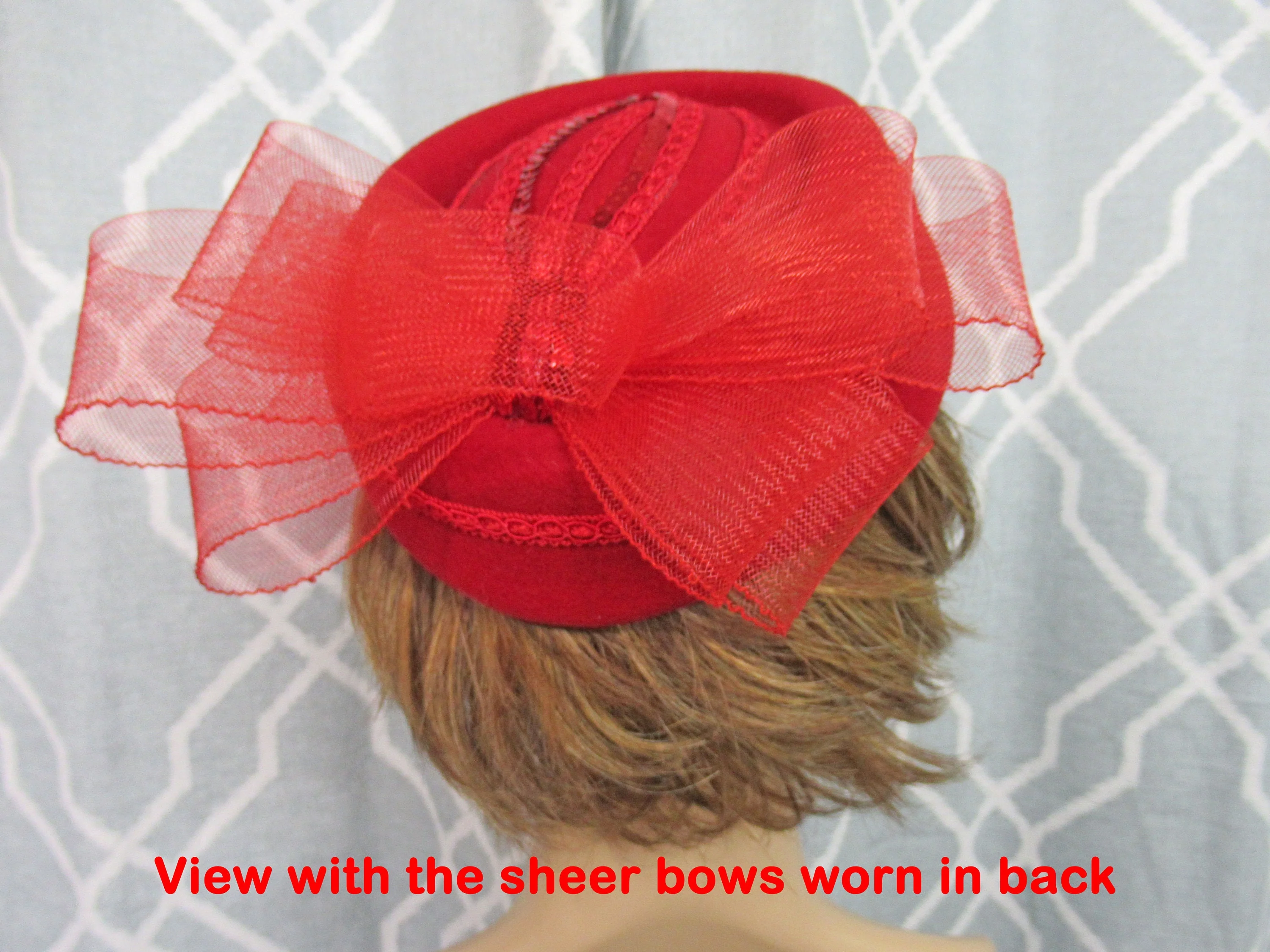 George W Bollman Hat Co. Pillbox Hat Doeskin 100% Wool Lipstick Red Felt Top Back 5 Wide Bow Red Braid and Sequins Vintage by George W Bollman - Image 5