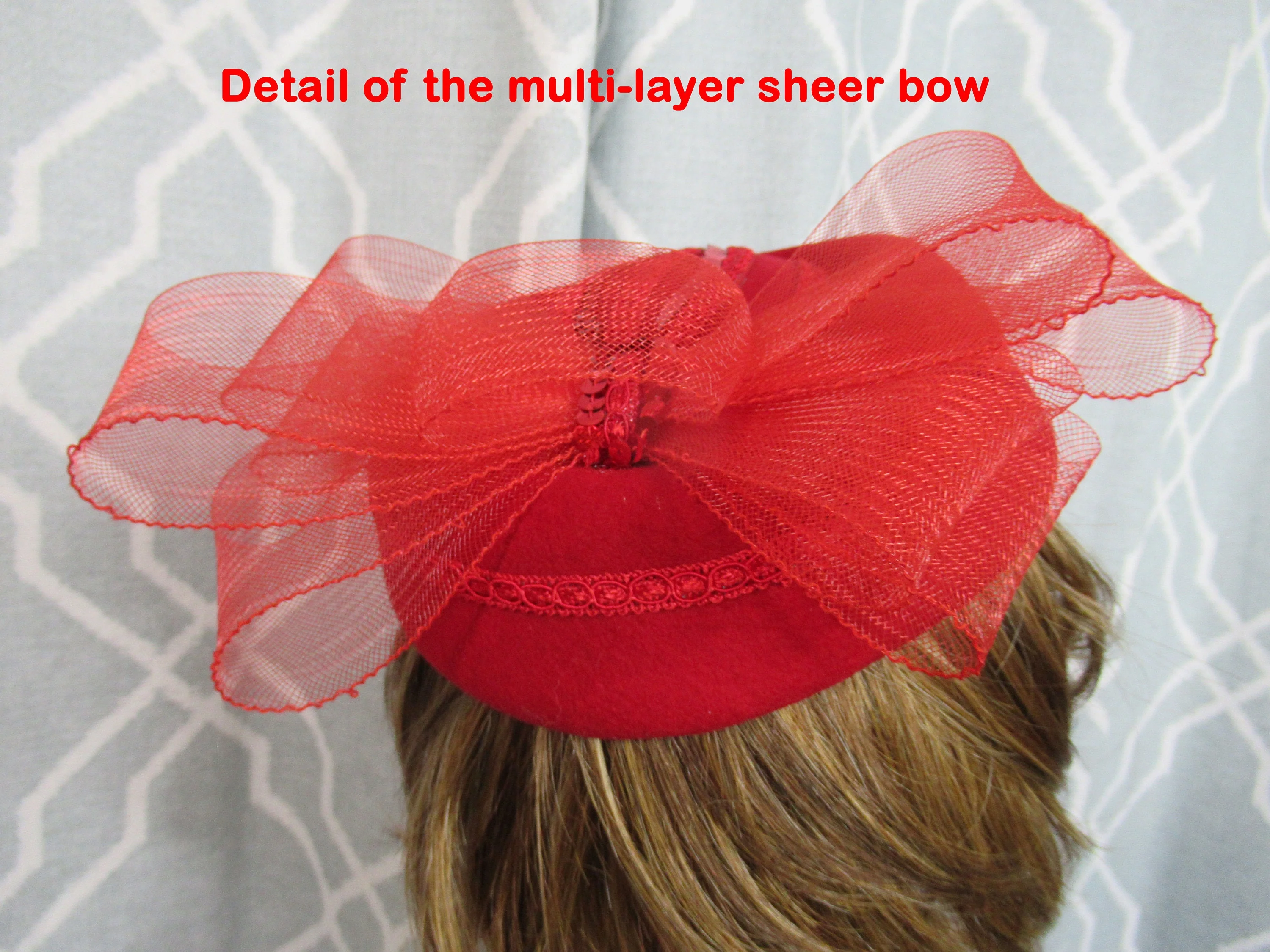 George W Bollman Hat Co. Pillbox Hat Doeskin 100% Wool Lipstick Red Felt Top Back 5 Wide Bow Red Braid and Sequins Vintage by George W Bollman - Image 7