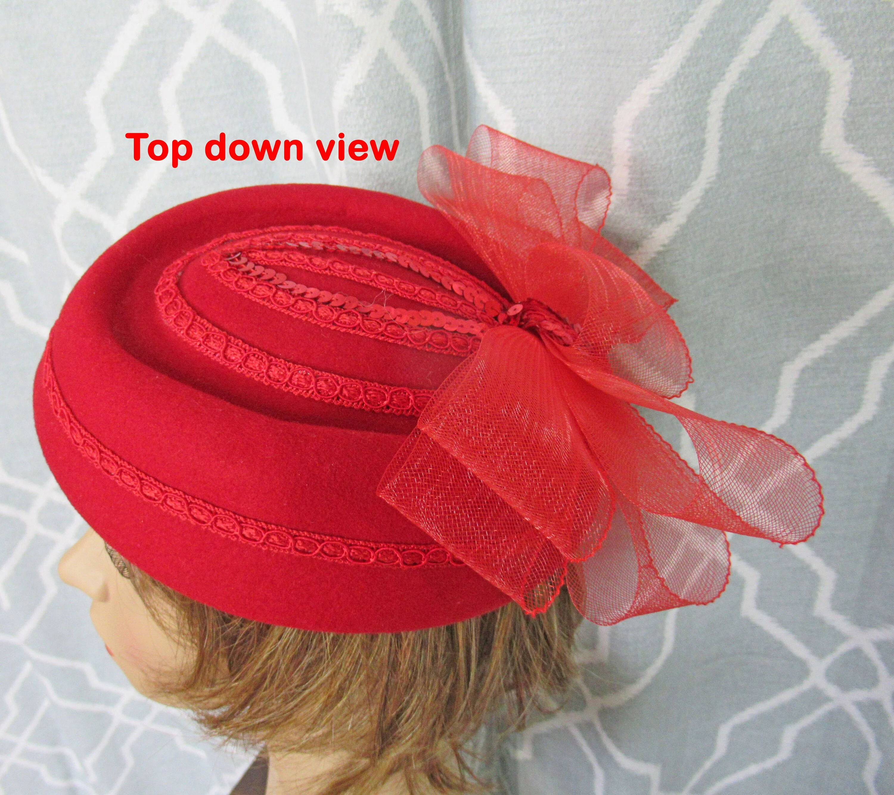 George W Bollman Hat Co. Pillbox Hat Doeskin 100% Wool Lipstick Red Felt Top Back 5 Wide Bow Red Braid and Sequins Vintage by George W Bollman - Image 8