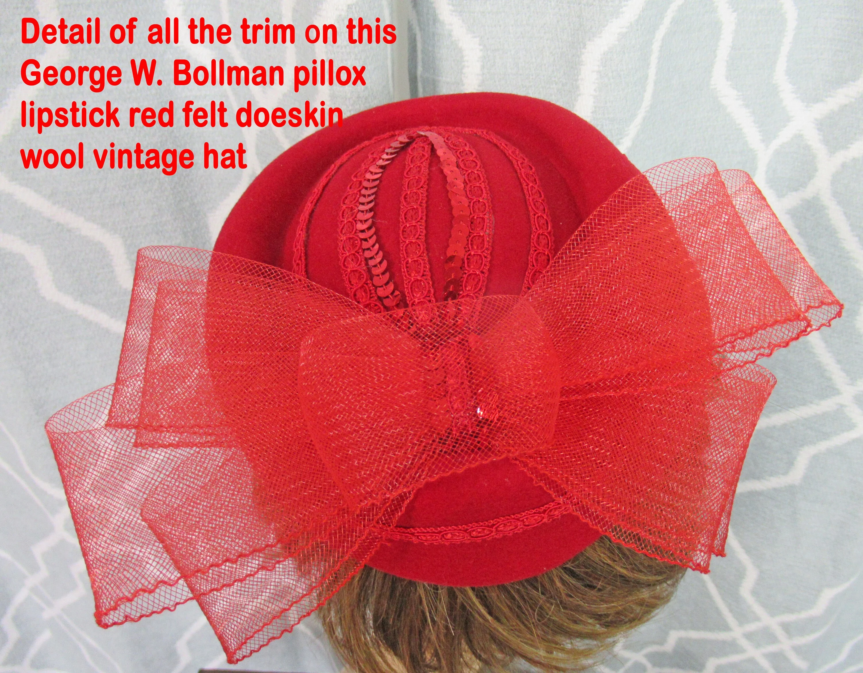 George W Bollman Hat Co. Pillbox Hat Doeskin 100% Wool Lipstick Red Felt Top Back 5 Wide Bow Red Braid and Sequins Vintage by George W Bollman - Image 9