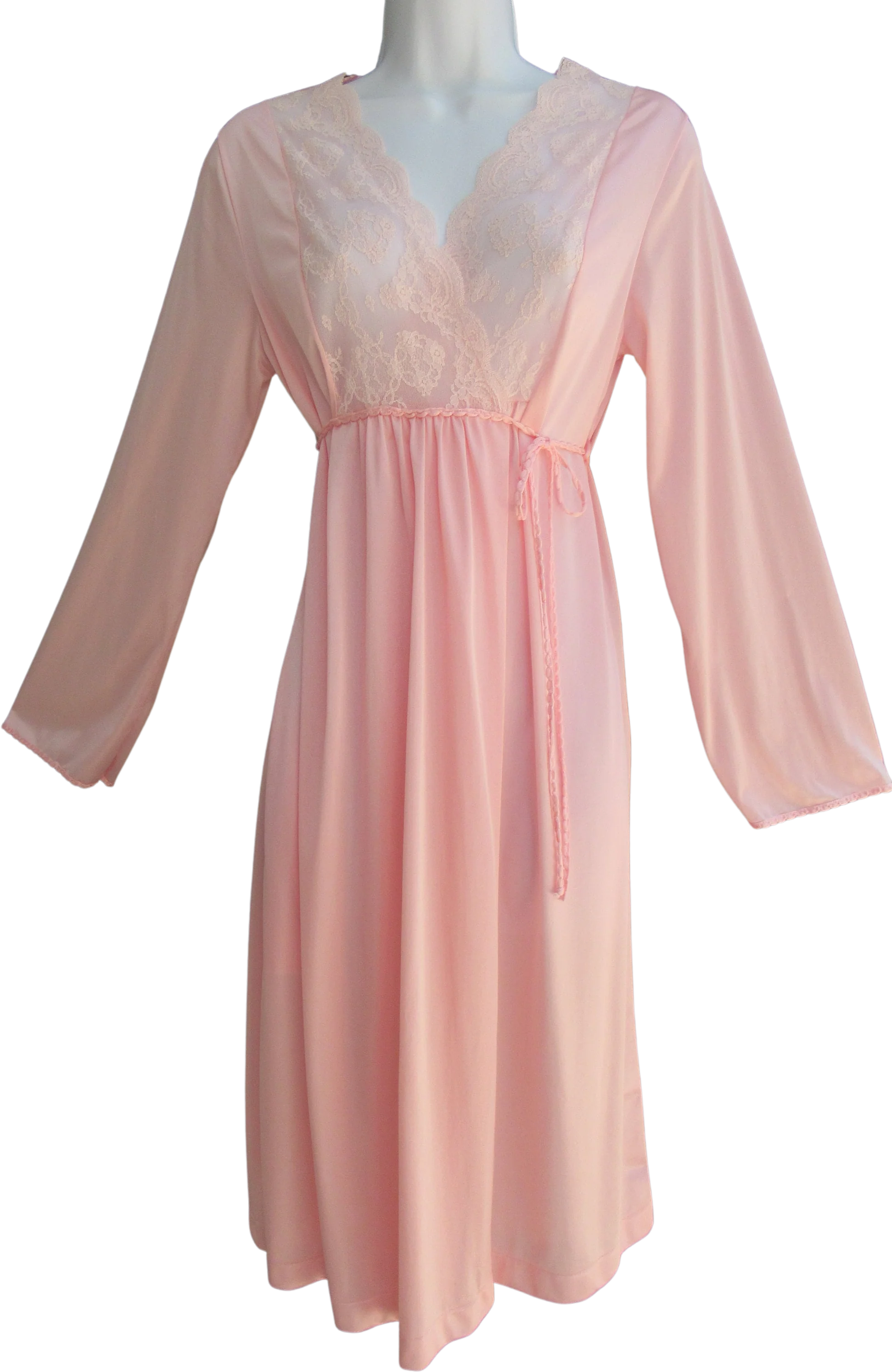 Gilead Wrap Style Robe Knee Length Pastel Pink Sheer Lace Yoke Long Sleeve Braided Self Belt Sz Small Low V Neckline Made In Usa Vtg