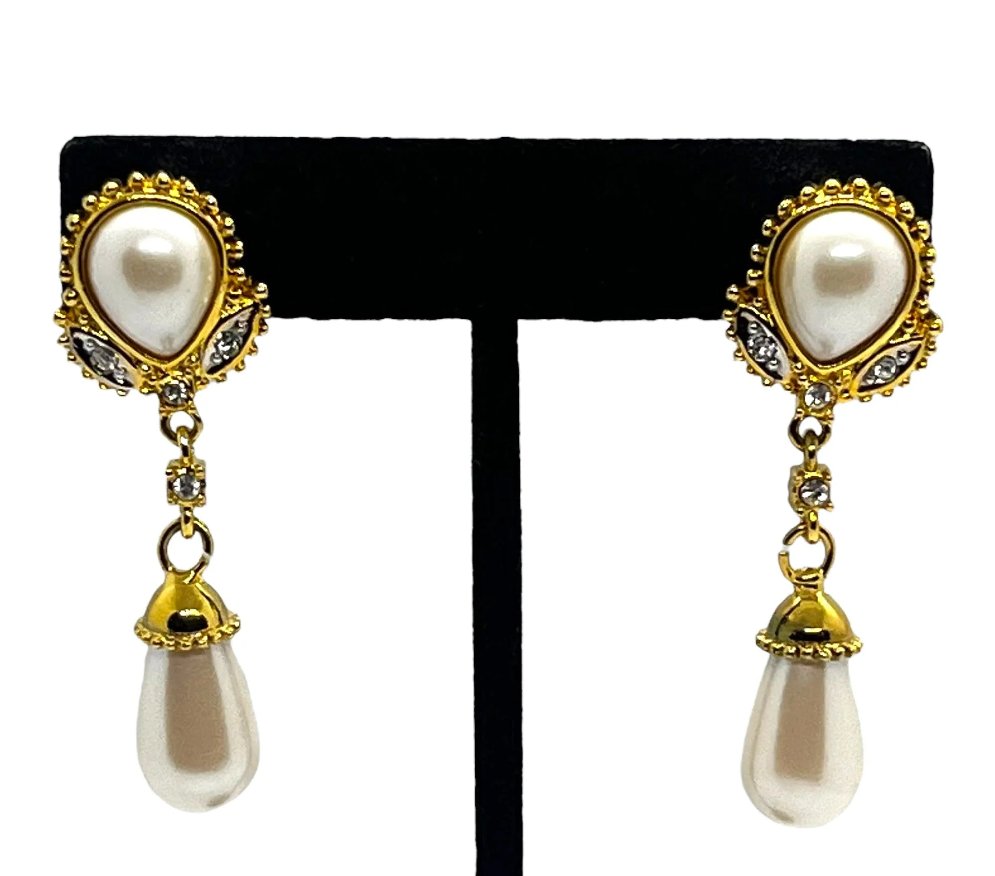 Glamorous Vintage Marvella Rhinestone Pearl Drop Earrings 80s 90s Runway Couture Gold Teardrop Statement Bridal Formal Jewelry by Marvella