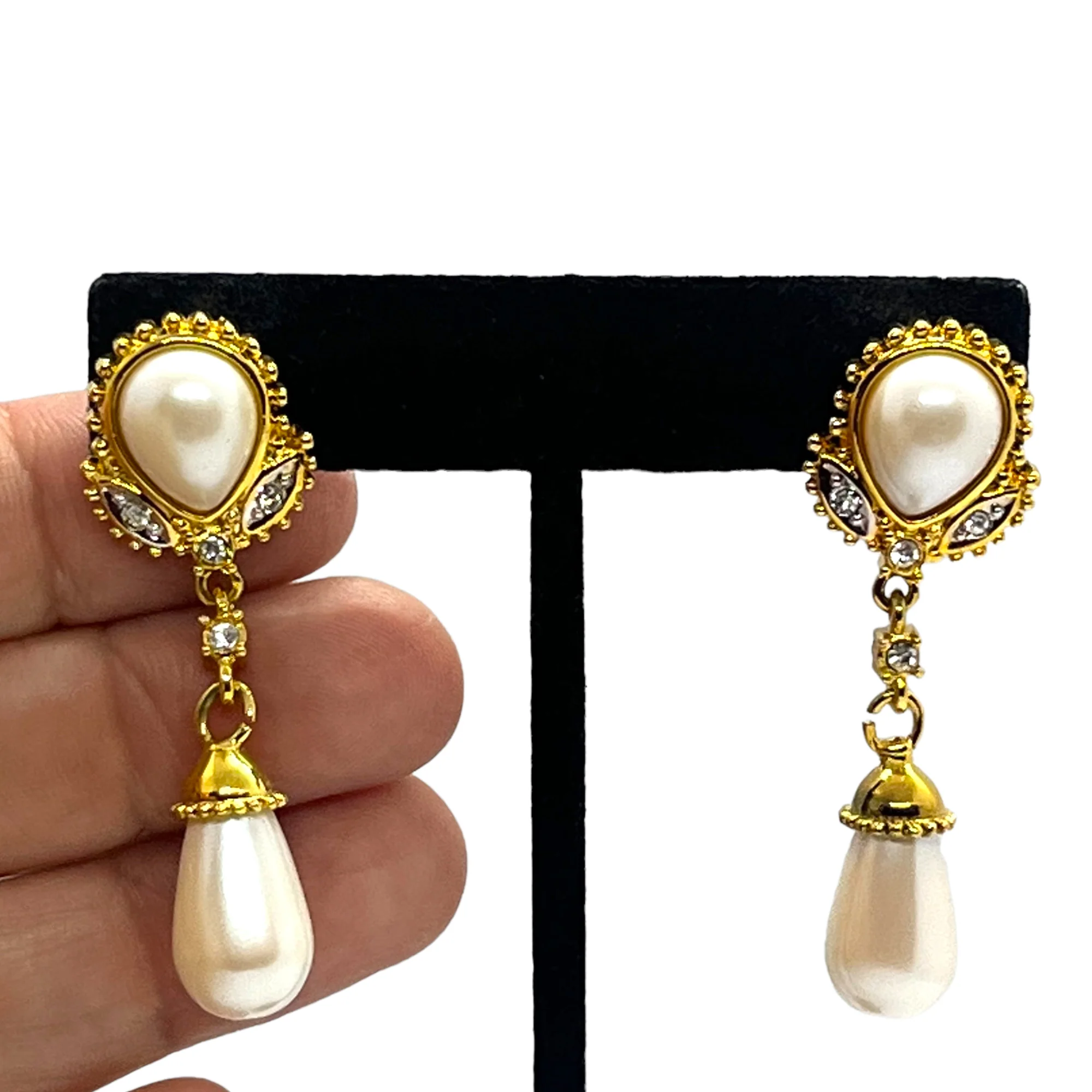 Glamorous Vintage Marvella Rhinestone Pearl Drop Earrings 80s 90s Runway Couture Gold Teardrop Statement Bridal Formal Jewelry by Marvella - Image 3