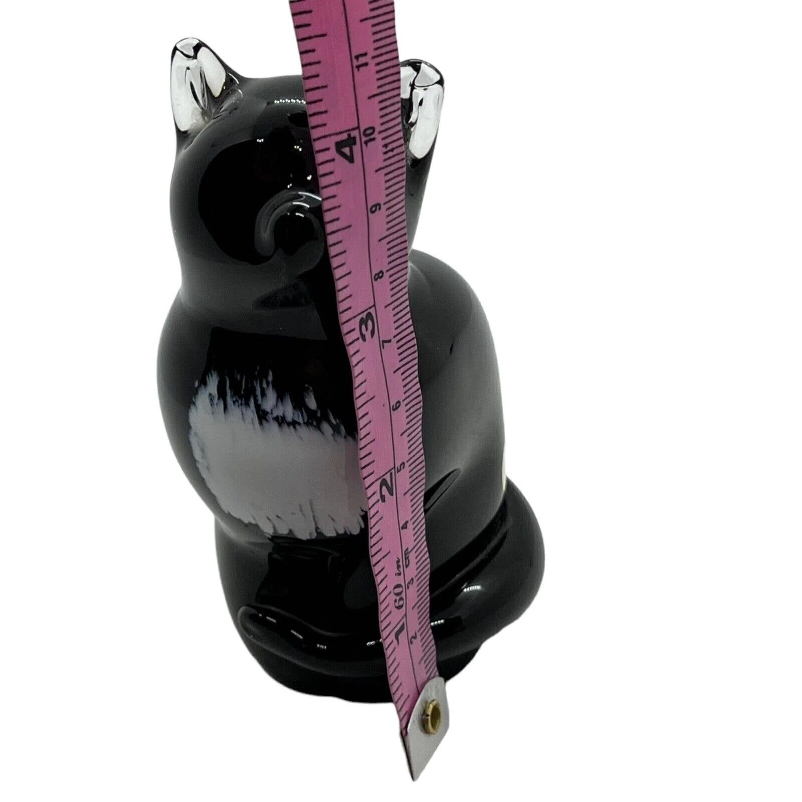 Glass Cat Paperweight England Handmade Crystal Sitting Black White Decor by Langham - Image 10