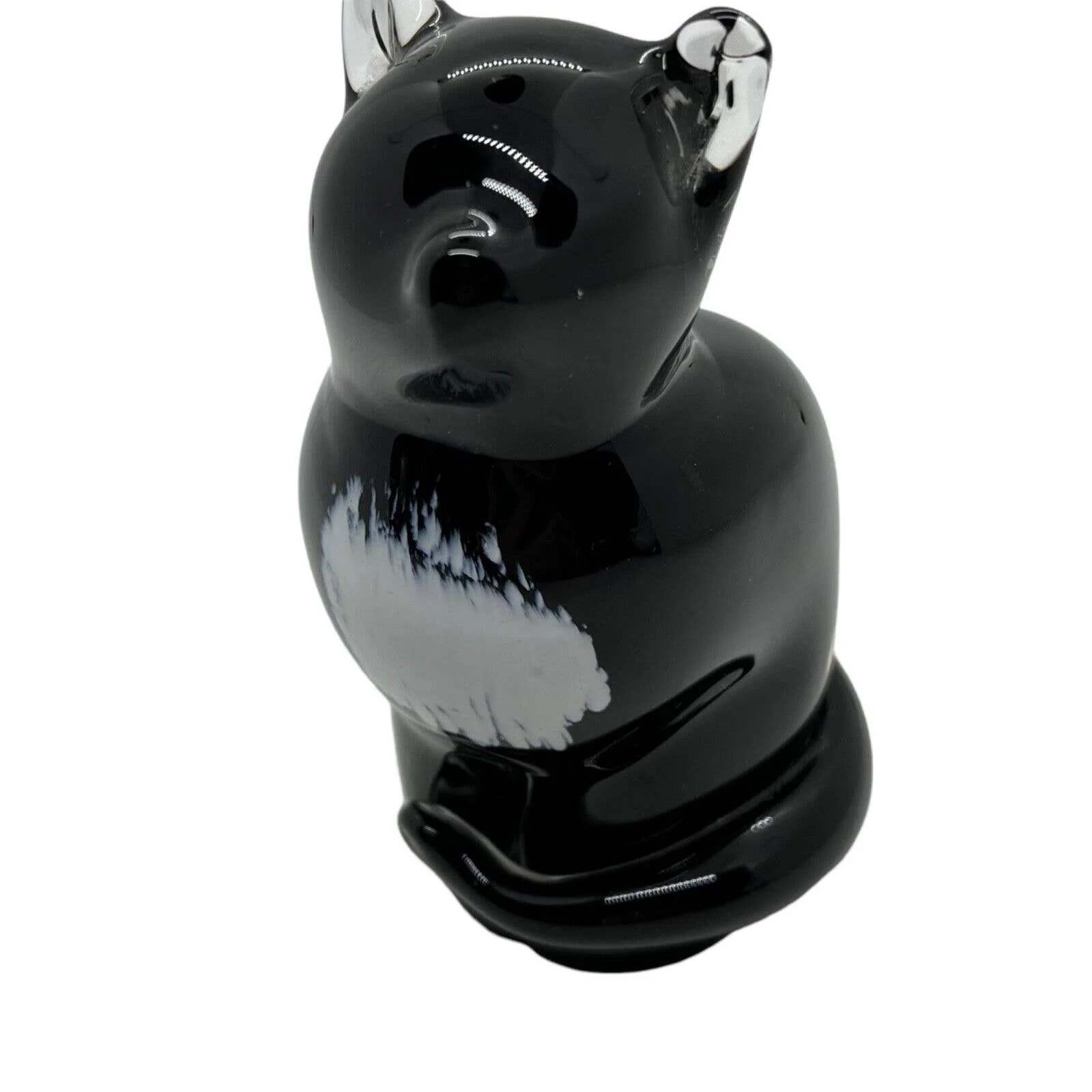 Glass Cat Paperweight England Handmade Crystal Sitting Black White Decor by Langham - Image 6