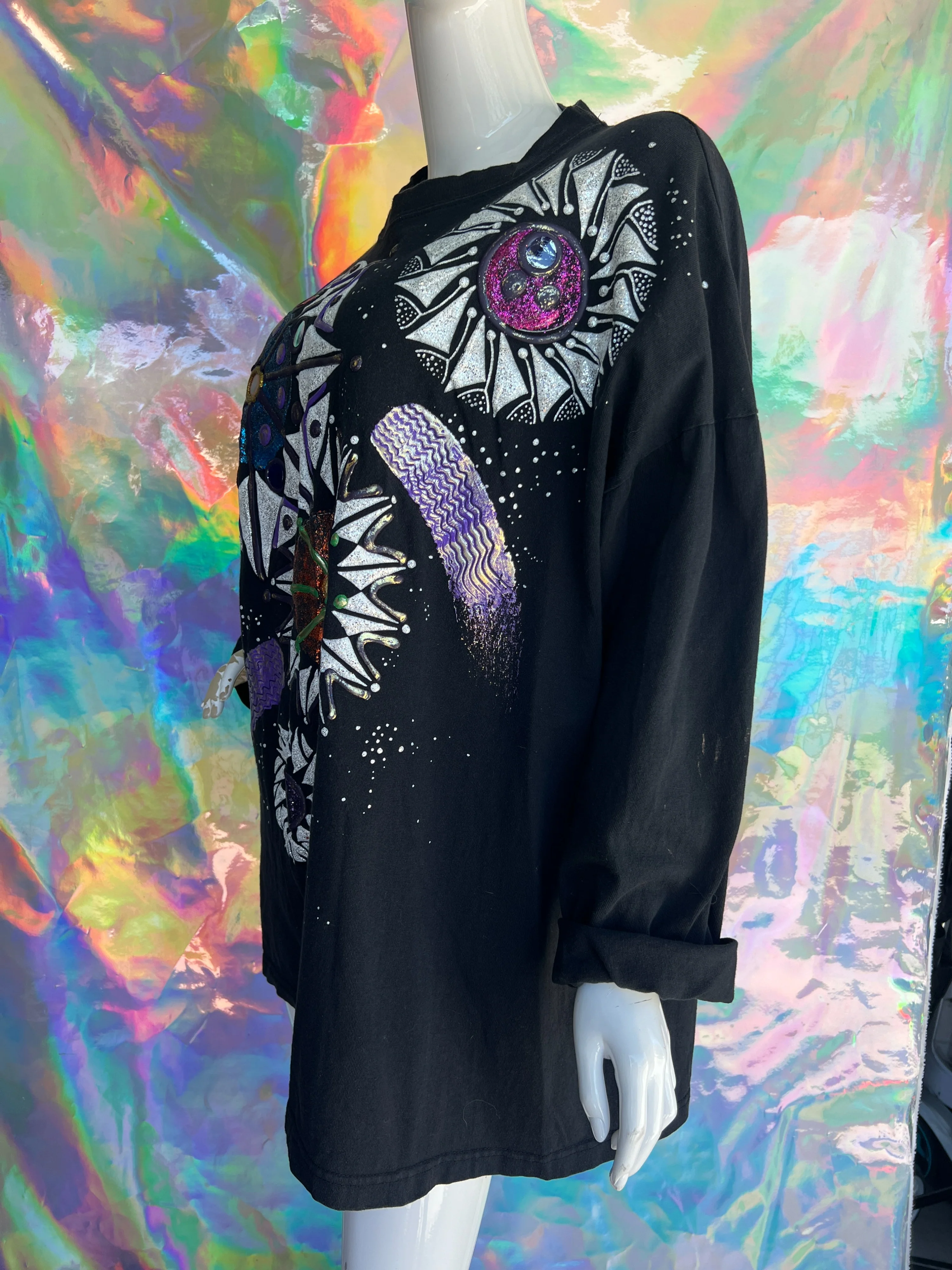 Glitter Gel Decorated Long Sleeve Black Tee - Image 5