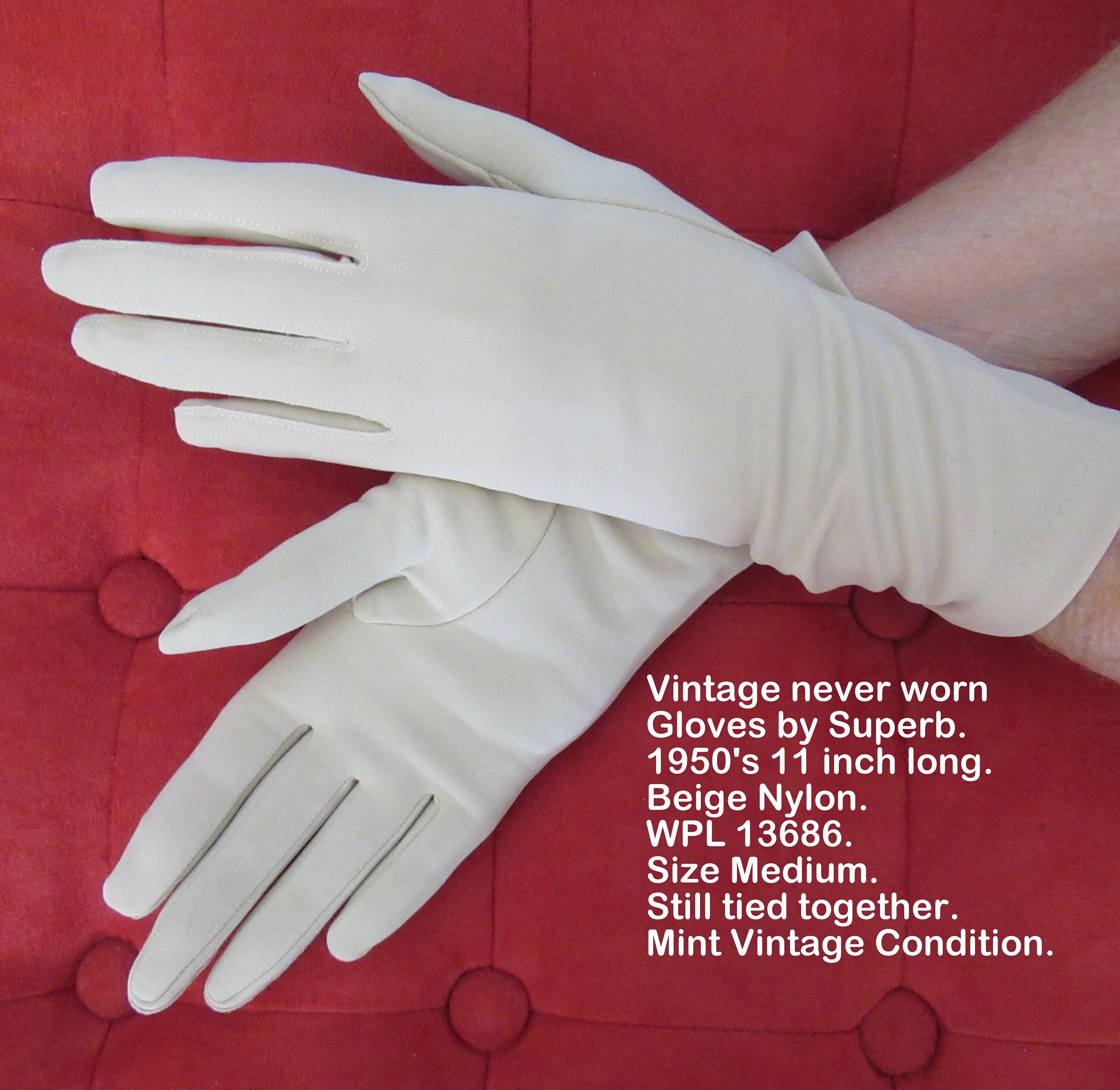 Gloves by Superb 50s Long Beige Nylon Wpl 186 Van Raalte Still Tied Together Mint Vintage Condition by Superb - Image 2