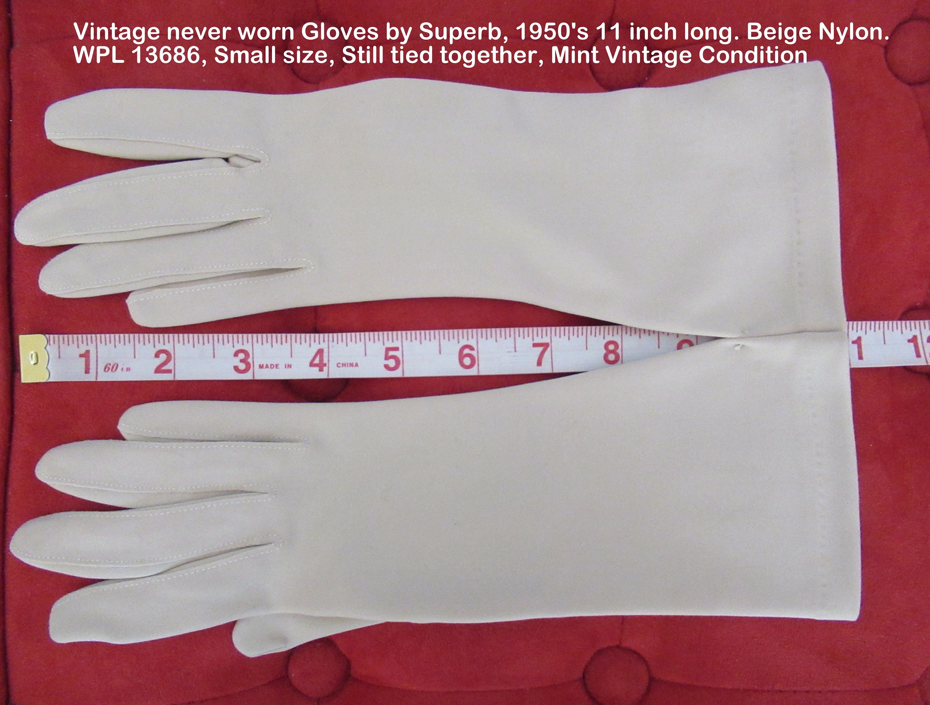Gloves by Superb 50s Long Beige Nylon Wpl 186 Van Raalte Still Tied Together Mint Vintage Condition by Superb - Image 5