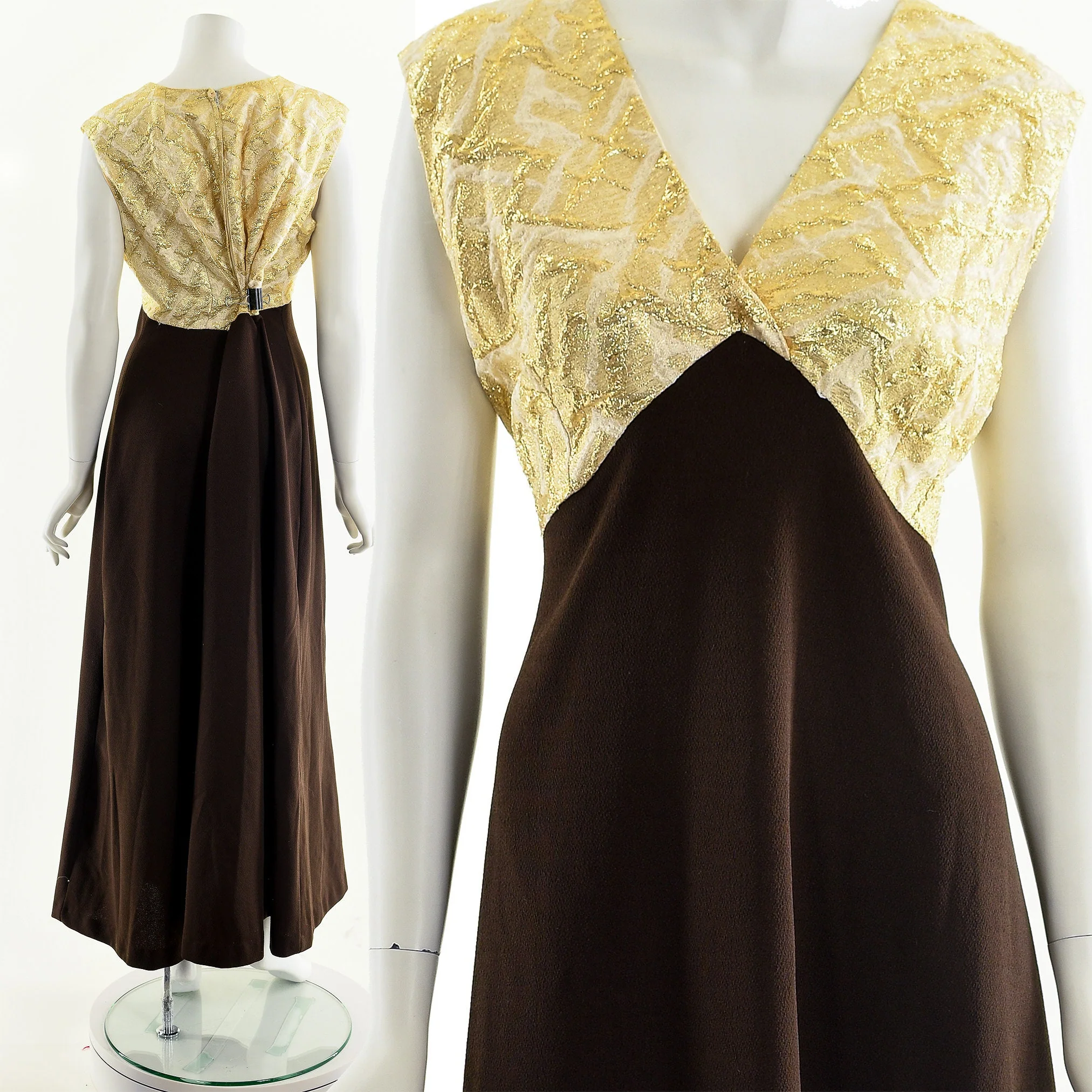Gold Brocade and Brown Maxi Length Prom Dress - Image 4
